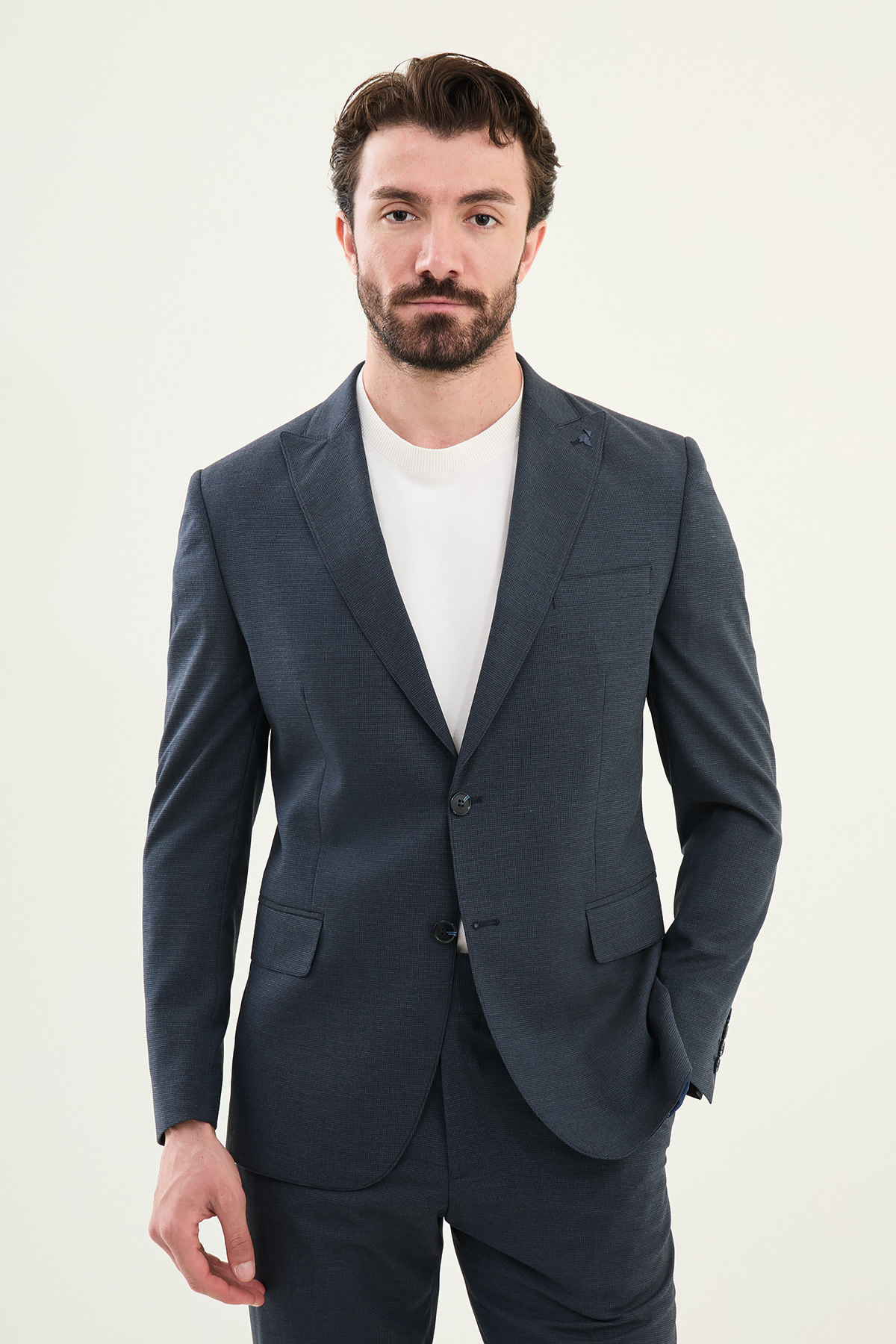 Mcr Patterned Slim Fit Wide Collar Men's Suit Navy Blue - 45398.25Y