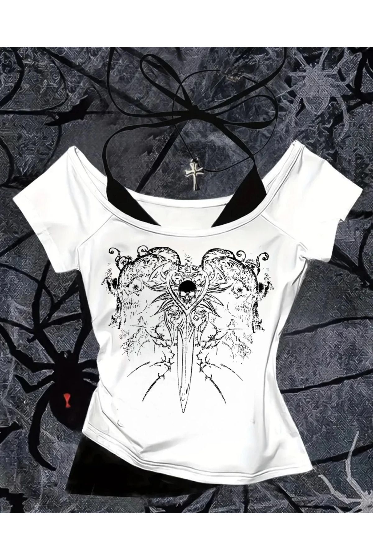 Touz Moda-Gothic Skeleton Collar Short Sleeve Full Body Crop with Additional Strap 4