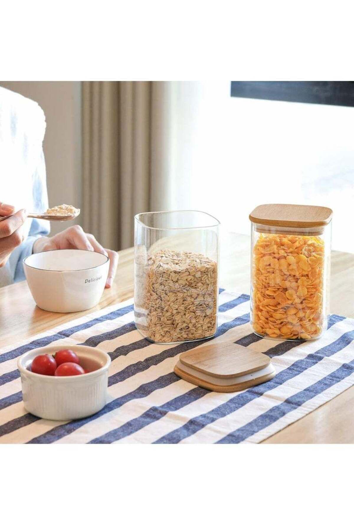 COOYA-مرطبان تخزين زجاجي، محكم الإغلاق بغطاء خشبي، حاوية مربعة سعة 800 مل، مجموعة من 4 قطع 5