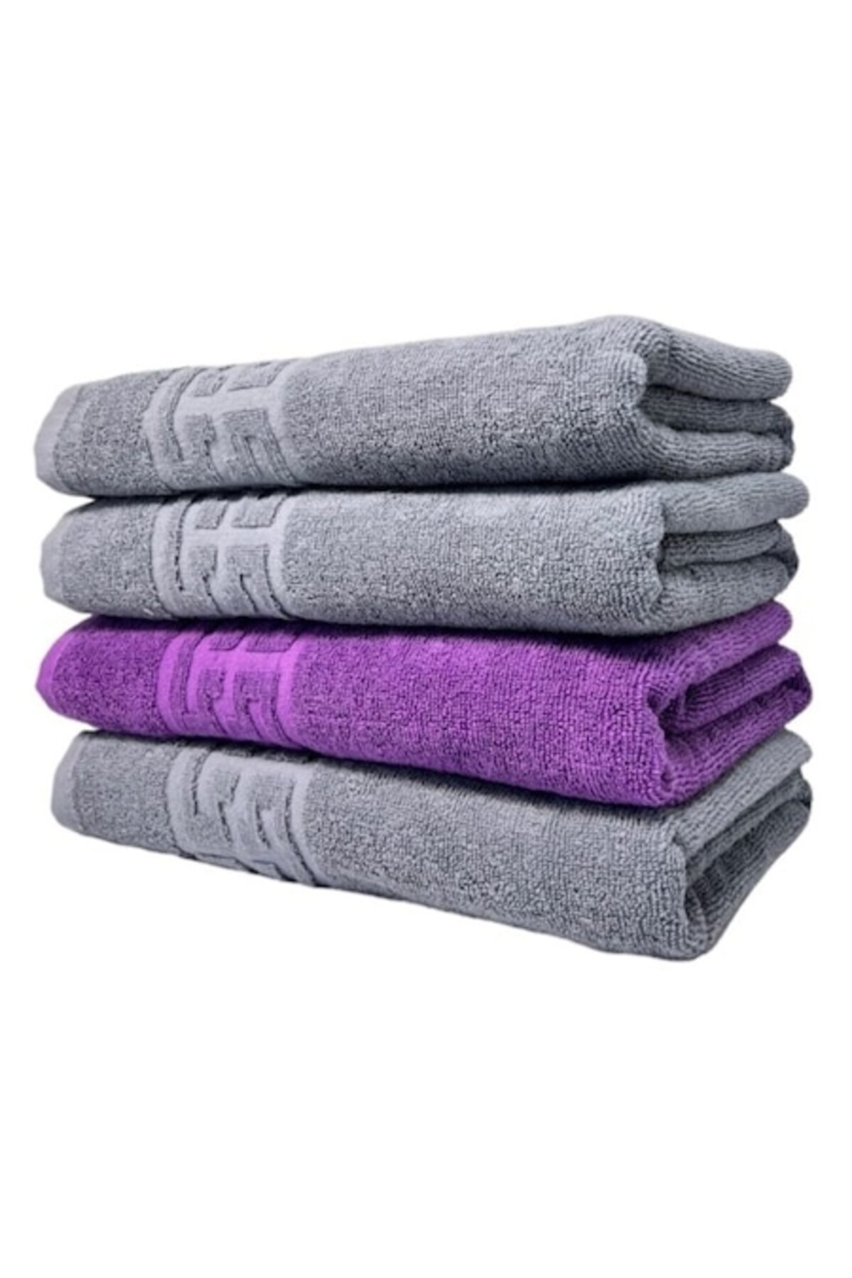 OEM Set 4 Prosoape De Baie, Bumbac, Bicolor, Bordura Greceasca, 500g/m², 70x140cm, Gri-mov - One Size