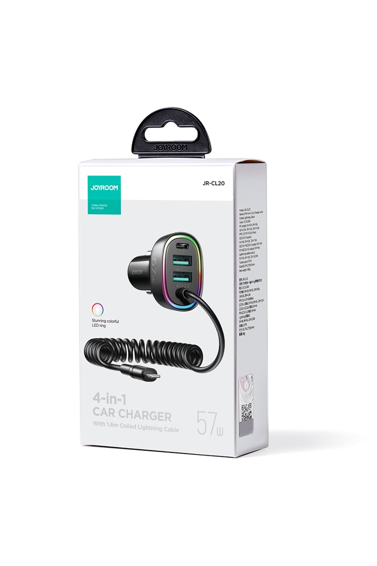 Joyroom-Încărcător auto rapid 4 în 1 USB-C PD 2x USB QC3 cu cablu Lightning 1,6 m 57 W negru 5