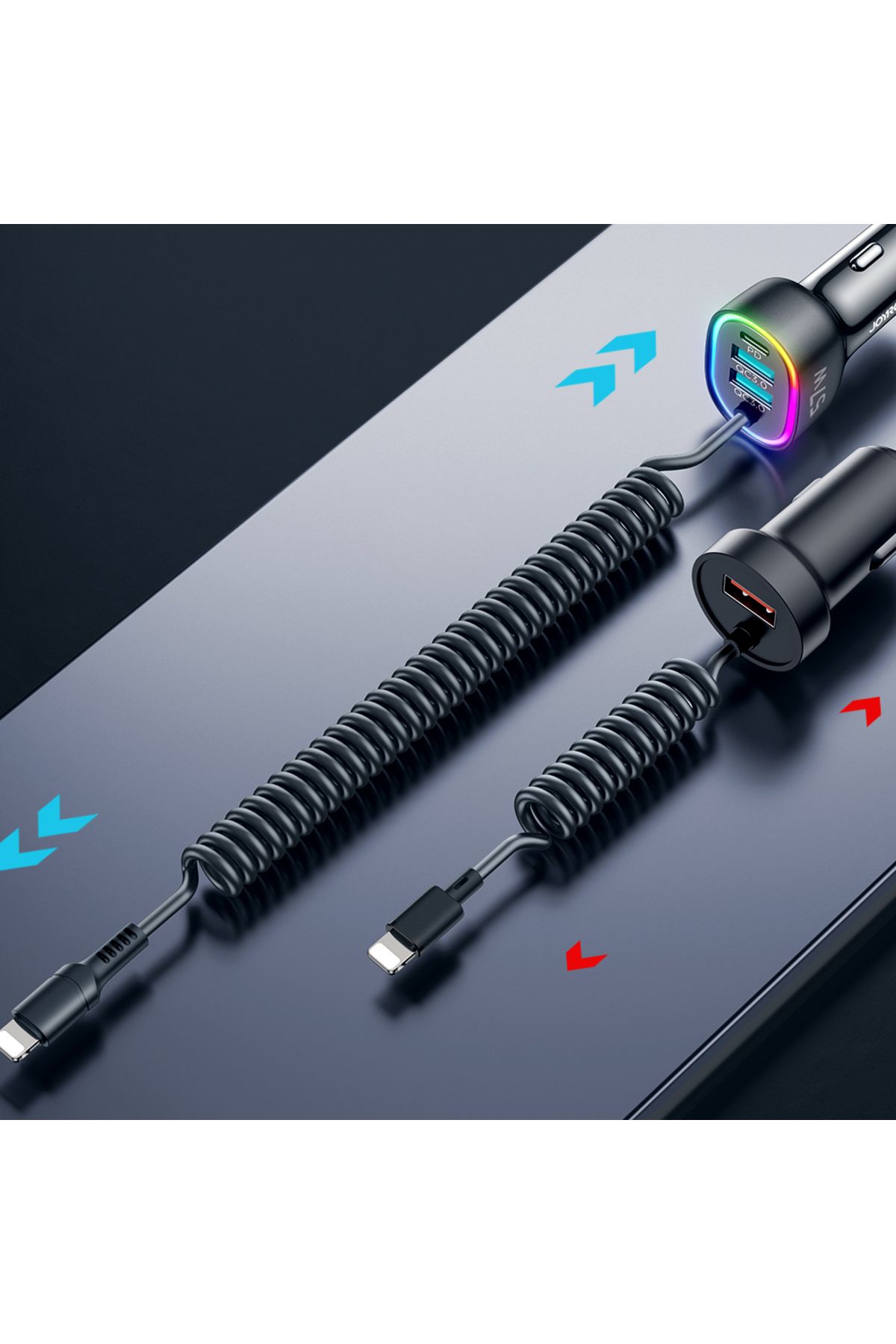 Joyroom-Încărcător auto rapid 4 în 1 USB-C PD 2x USB QC3 cu cablu Lightning 1,6 m 57 W negru 6