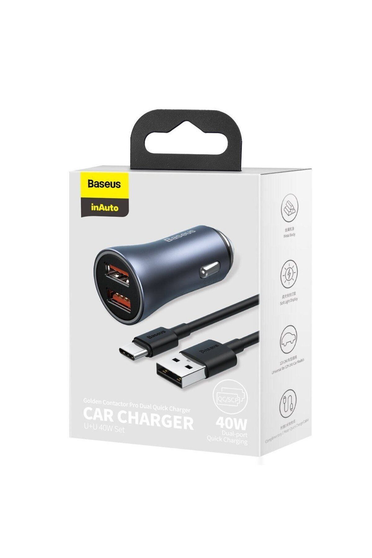 Baseus-Încărcător auto rapid 2x USB 40W QC SCP FCP AFC + cablu USB-C gri 5