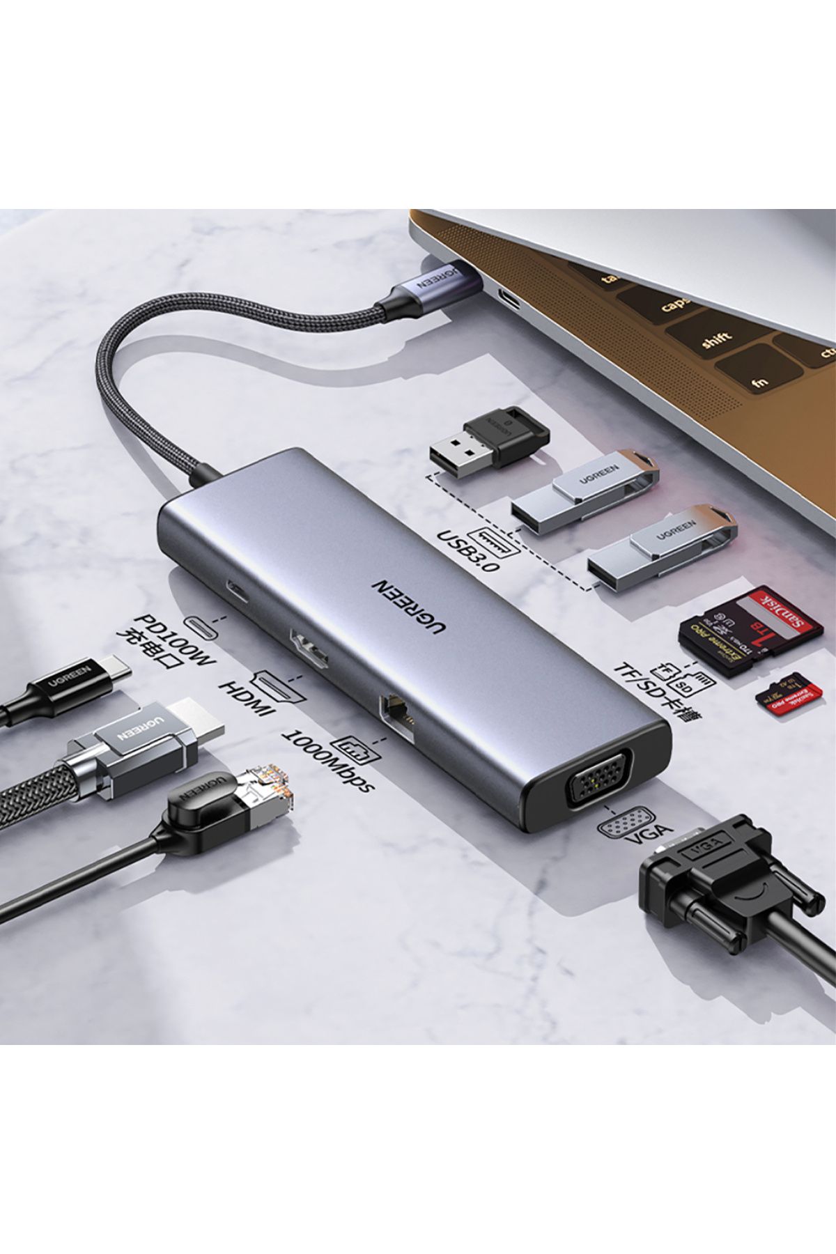 Ugreen-Adaptor HUB USB-C - 3x USB-A 3.0 / HDMI / VGA / RJ45 / SD / cititor card TF / USB-C PD - gri 3