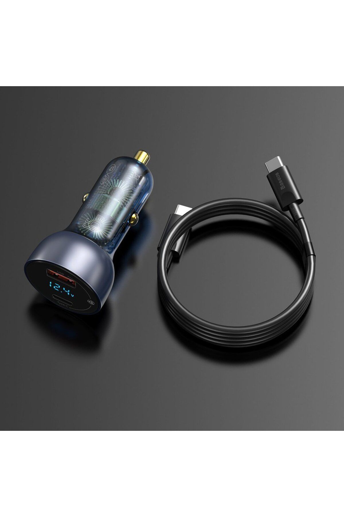 Baseus-Încărcător auto USB USB-C 65W 5A SCP QC PD Ecran LCD + Cablu USB-C Gri 9