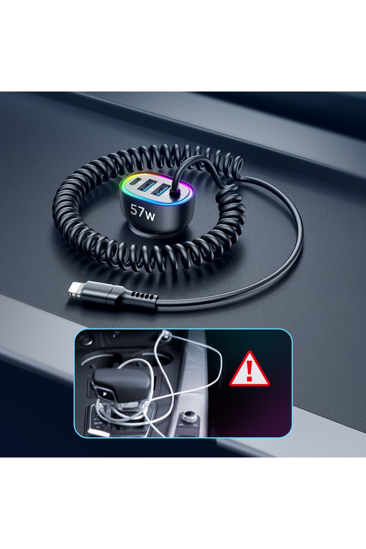 Joyroom-Încărcător auto rapid 4 în 1 USB-C PD 2x USB QC3 cu cablu Lightning 1,6 m 57 W negru 8