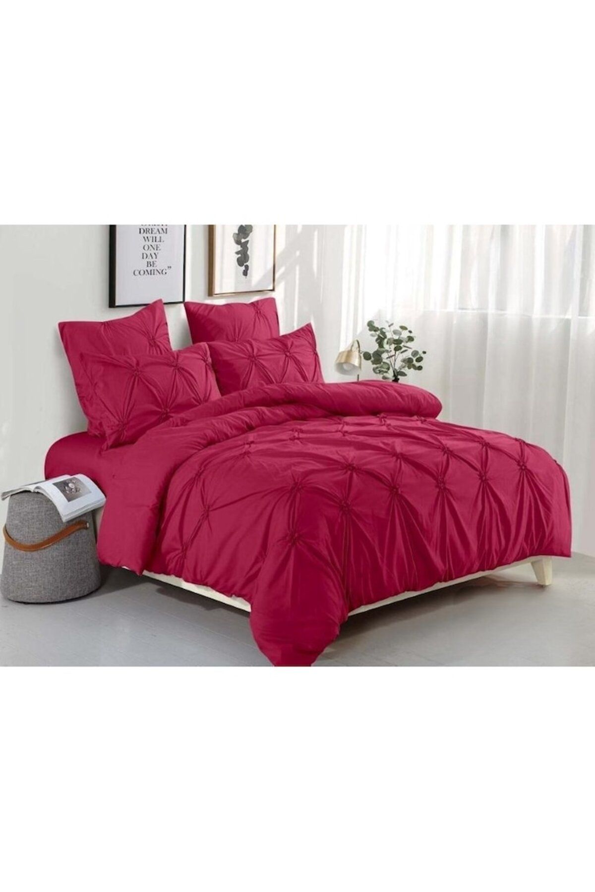 OEM-Double Bed Linen, Solid Color, Pleated Embroidery Model, 6 Pieces, Finet, 230x250cm, Red 3