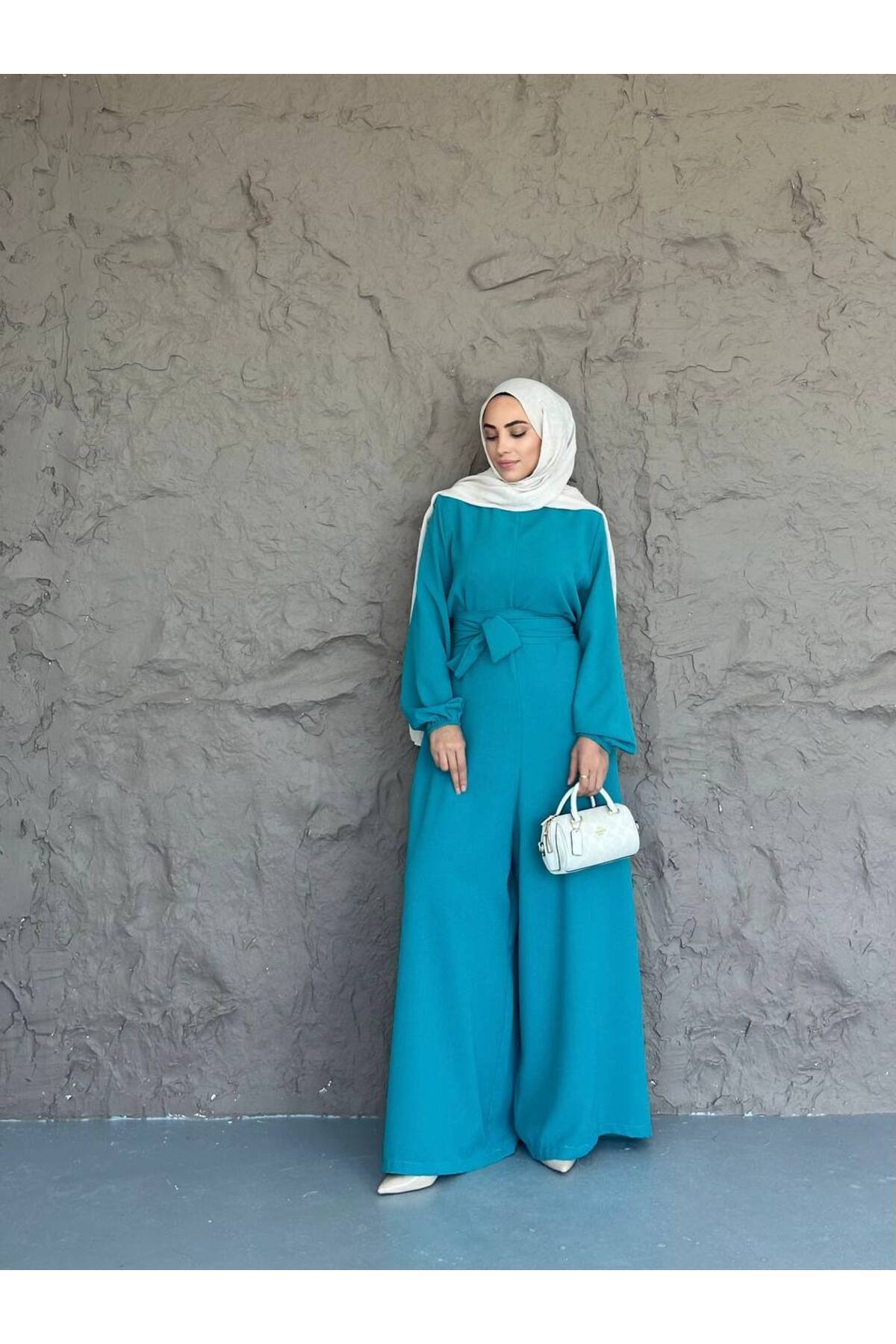 She Olive Kuşaklı tesettür tulum krem