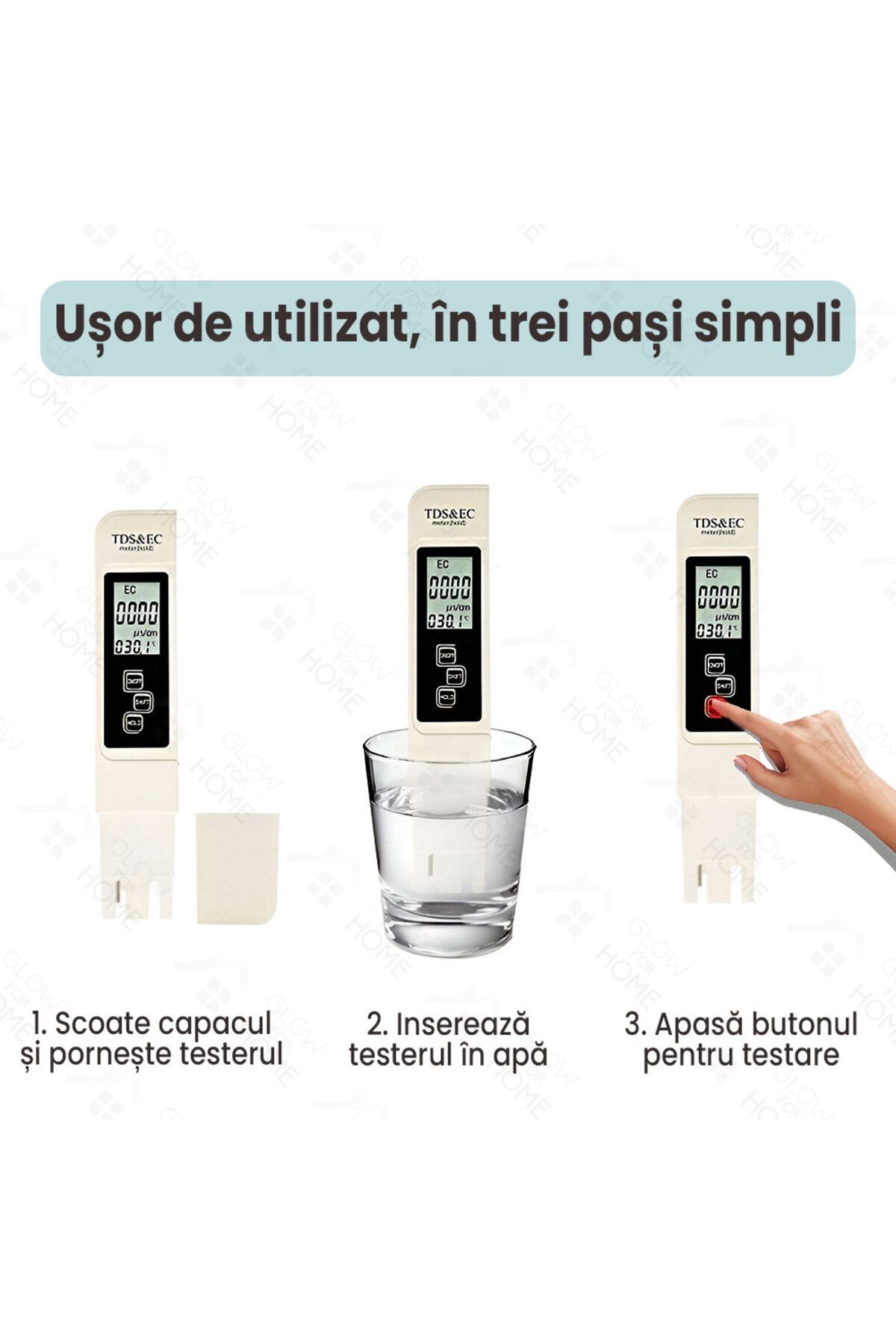 GlowforHome-Set 2 testere digital 4 in 1 pentru masurarea calitatii apei si pH-ului, GlowforHome, TDS & EC, LCD 6