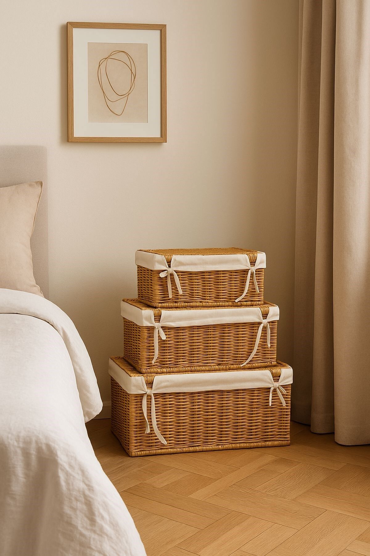 Arma House-Set of 3 Luxury Rattan Look Basket Set – Linen Lining, Lid Wicker Storage Box Decorative Organizer 1