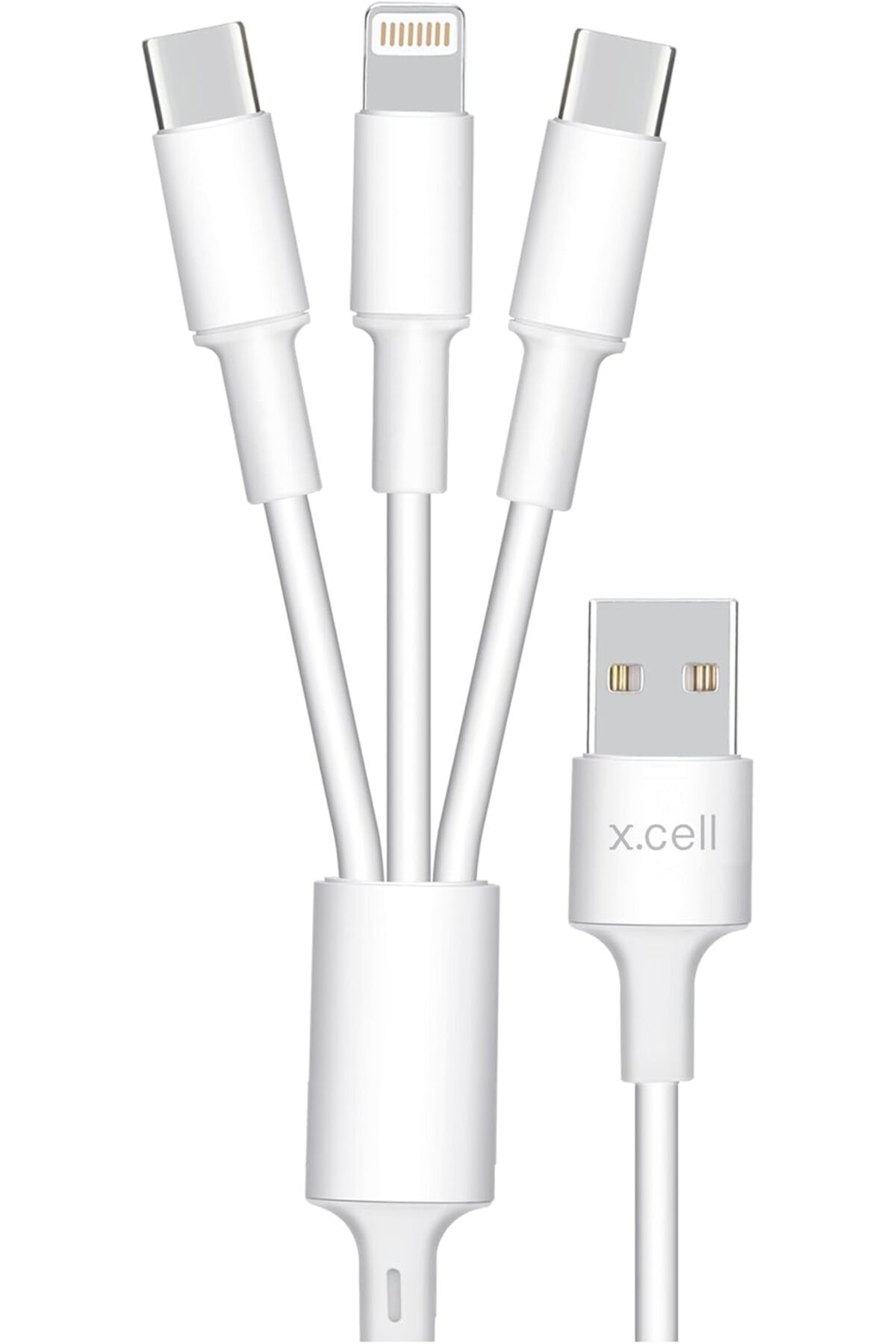 X.Cell-Xcell 3-in-1 Cable 1.5M | USB-A to 2 USB-C + Lightning | 3A PD | Multi-Device Charging – White 1
