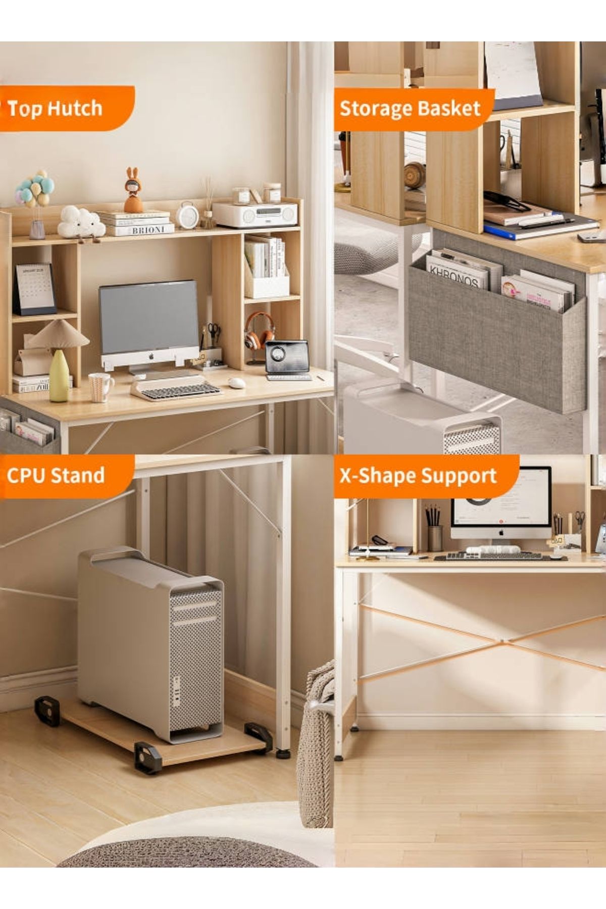 Sheinhome-Study Desk with Bookshelf, Computer Table Home Office Desks With Storage Bag,CPU Holder 6
