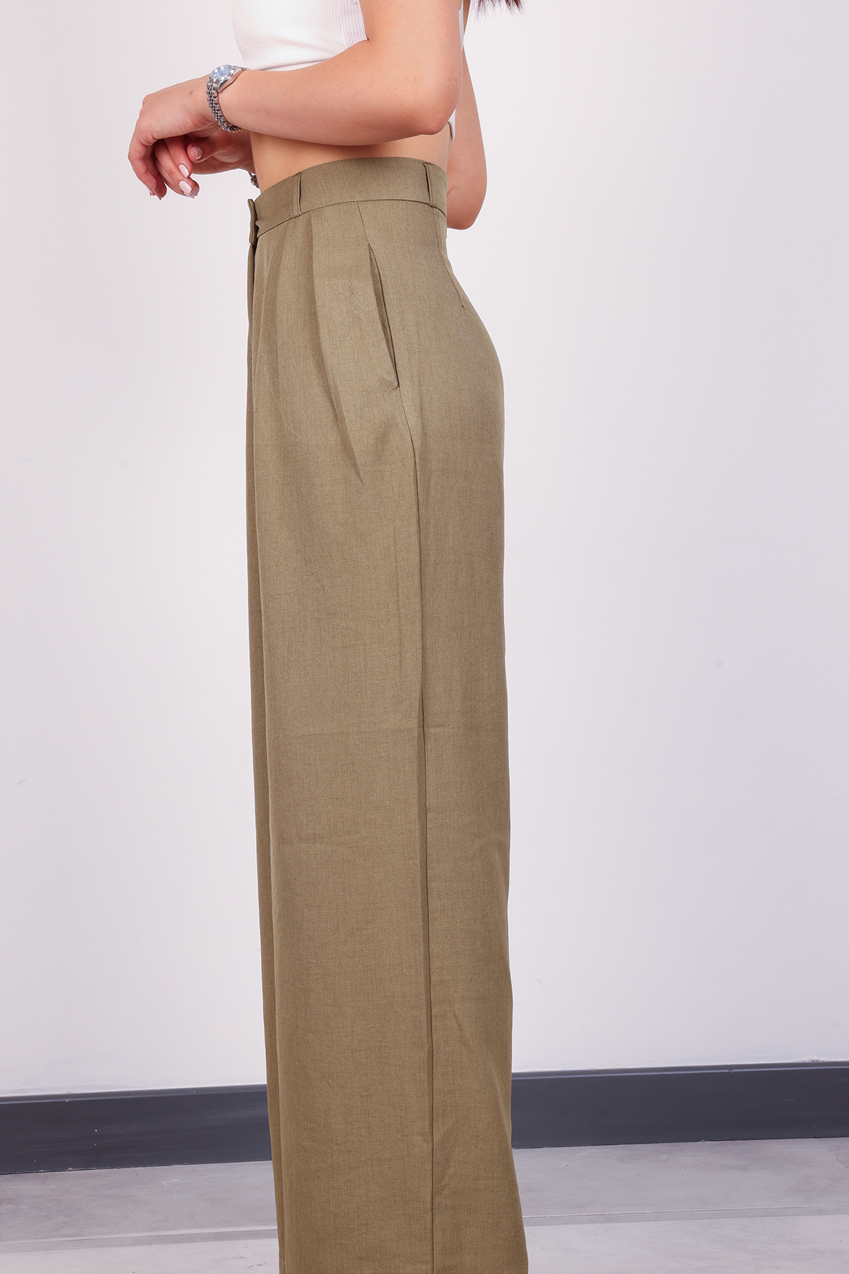 polle  Kadın Haki Pileli Yüksek Bel Keten Palazzo Pantolon - Görsel 4