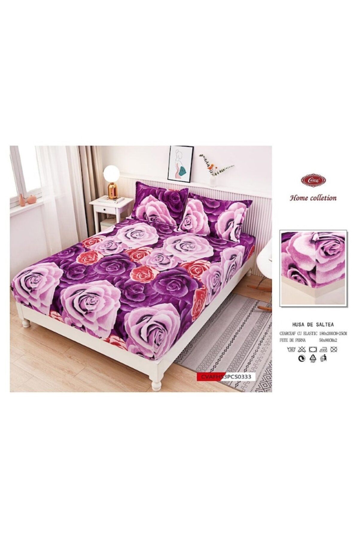 OEM-Husa de pat dublu si fete de perne, Cocolino, Trandafiri 3D, 3 piese, 2 persoane, 180x200cm, Multico 3