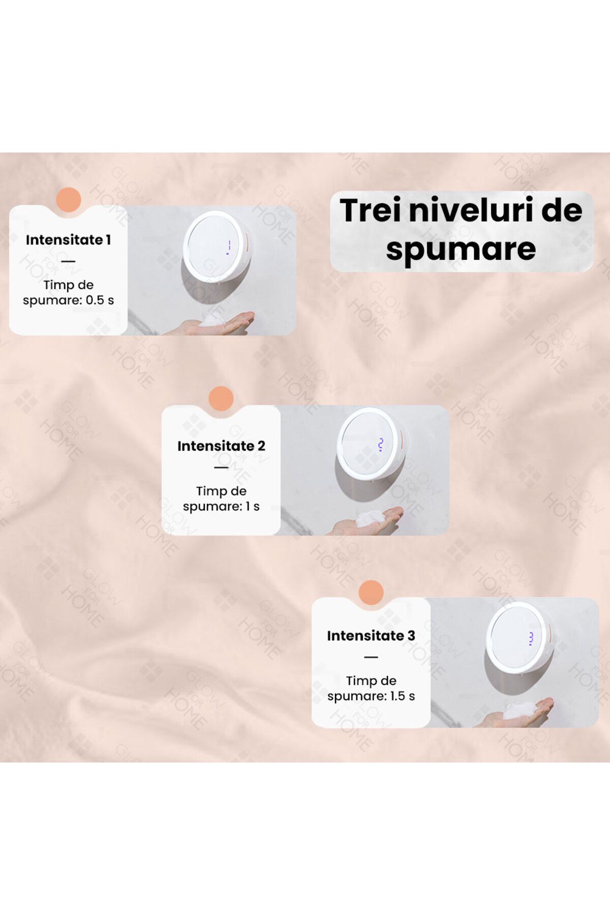 GlowforHome-Dispenser sapun lichid spuma automat GlowforHome, LED oglinda, senzor miscare, 3 dozari, USB-C, alb 2