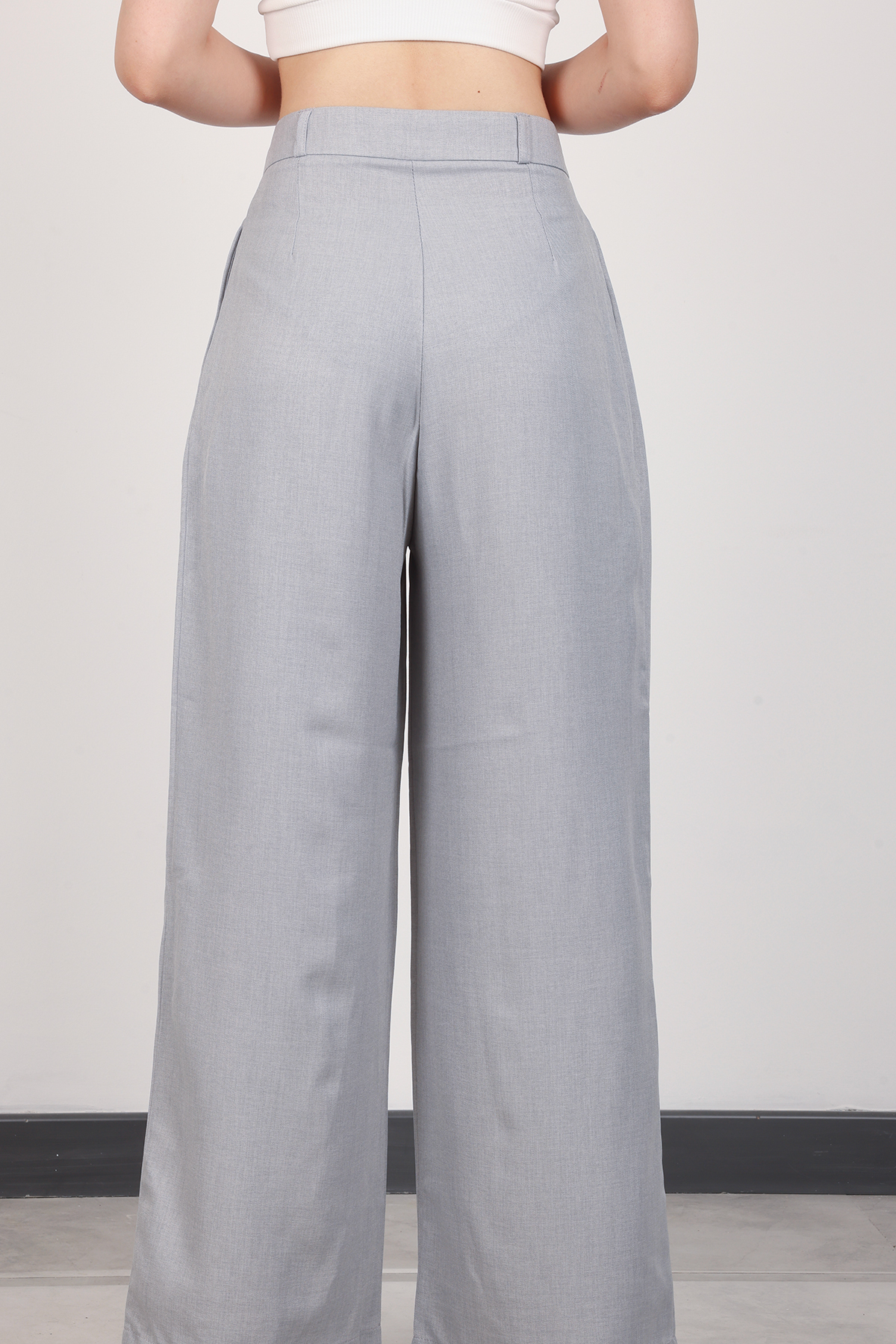polle  Kadın Gri Pileli Yüksek Bel Keten Palazzo Pantolon - Görsel 5