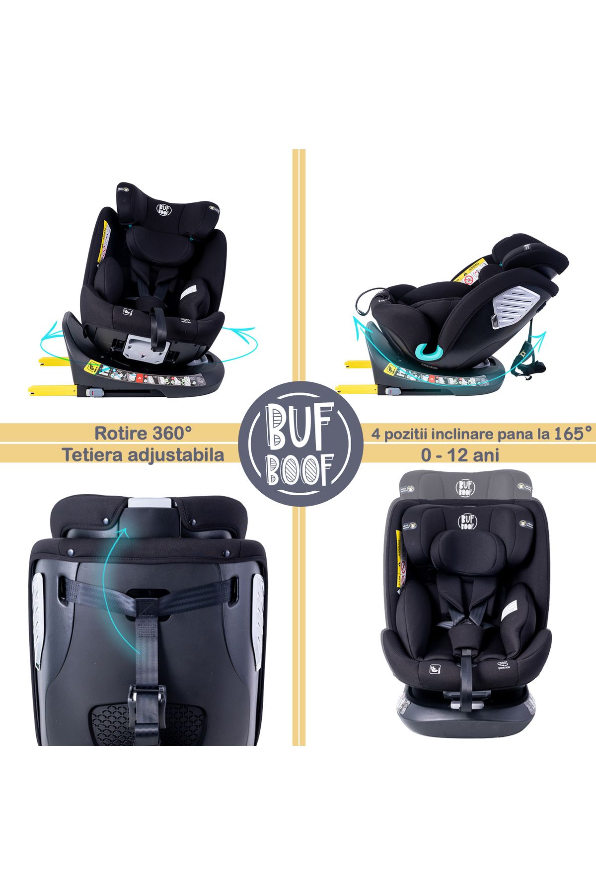 BUF BOOF-Scaun Auto Saphir DELUXE BUF BOOF iSIZE Black Isofix pozitie somn 165 grade rotativ grade 40-150 cm 6
