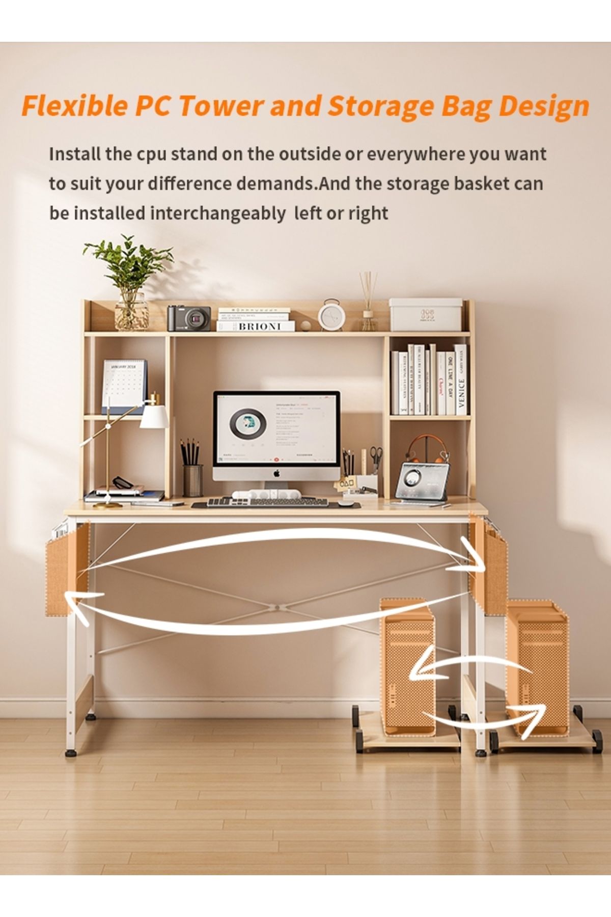Sheinhome-Study Desk with Bookshelf, Computer Table Home Office Desks With Storage Bag,CPU Holder 5