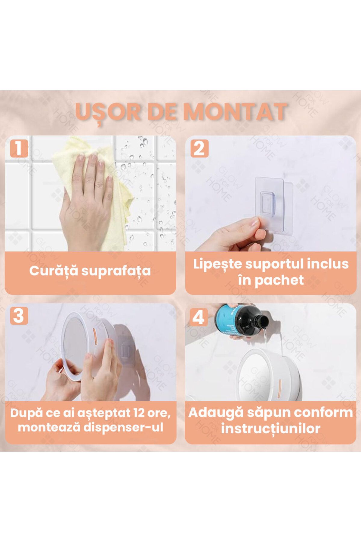 GlowforHome-Dispenser sapun lichid spuma automat GlowforHome, LED oglinda, senzor miscare, 3 dozari, USB-C, alb 3