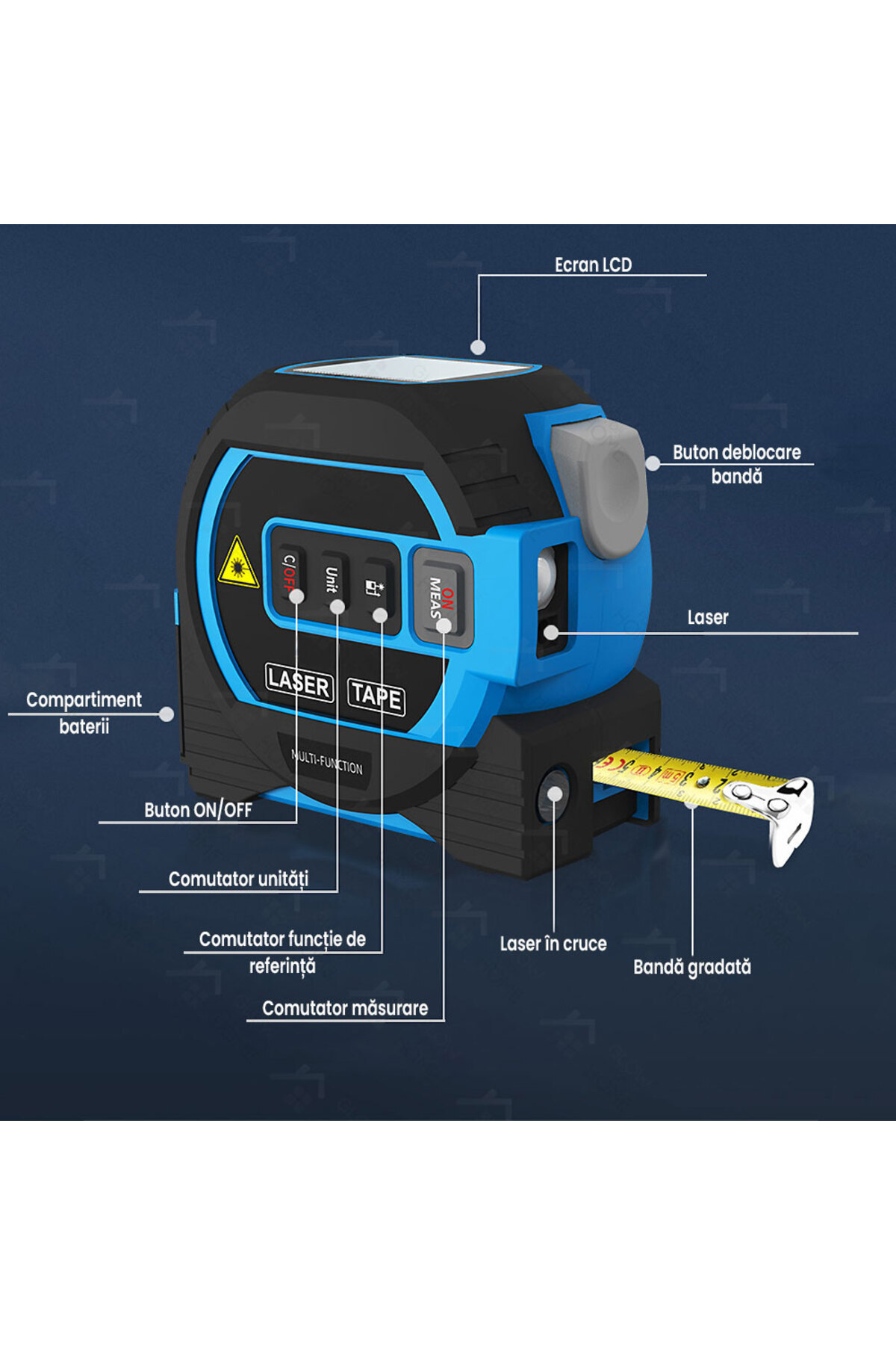 GlowforHome-GlowforHome 3 in 1 professional tape measure, 60M laser, 5M tape, LCD display, data storage, blue 3