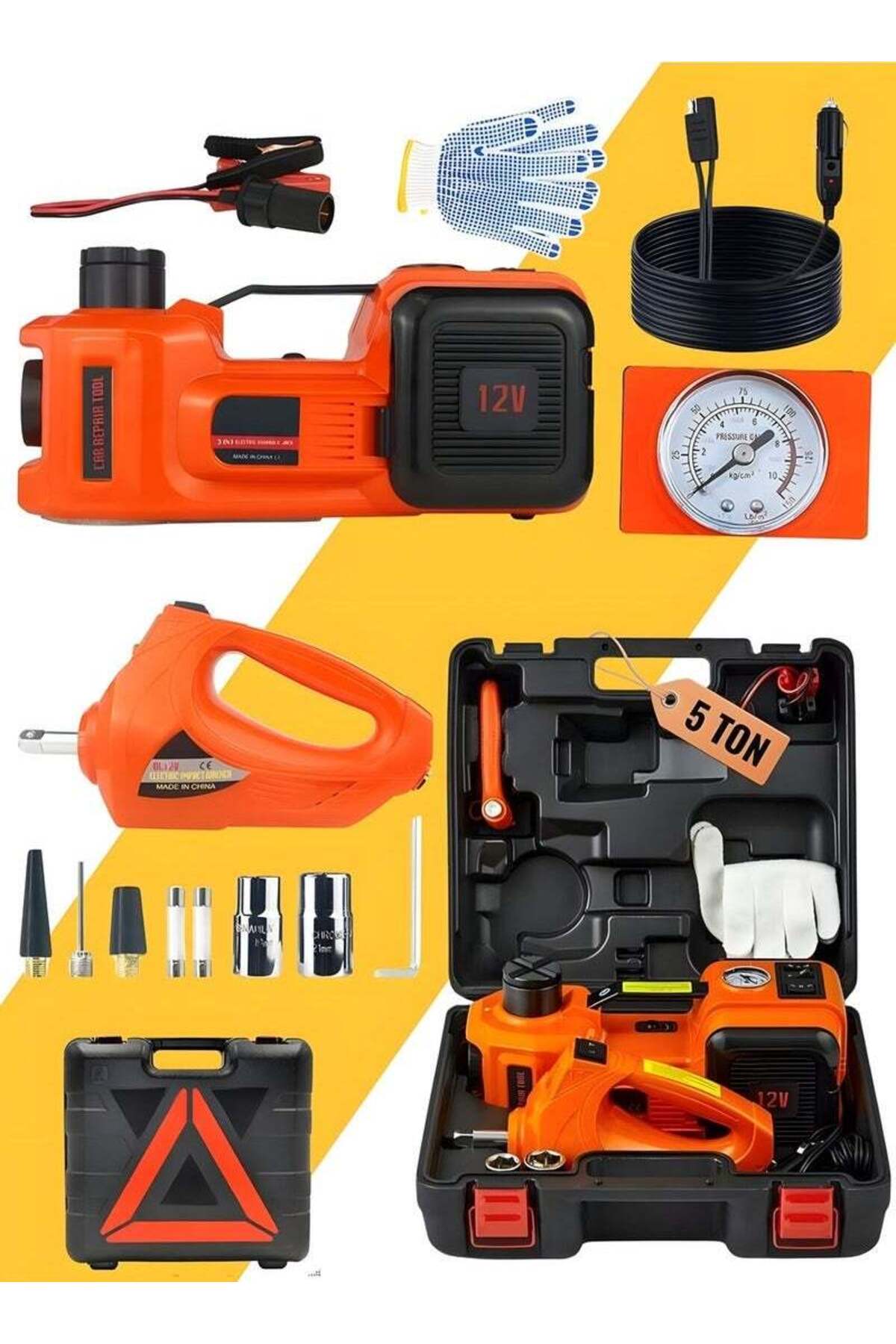 مجموعة رافعة سيارة كهربائية هيدروليكية 12 فولت 5 طن مع مضخة هواء متعددة الوظائف 4 في 1