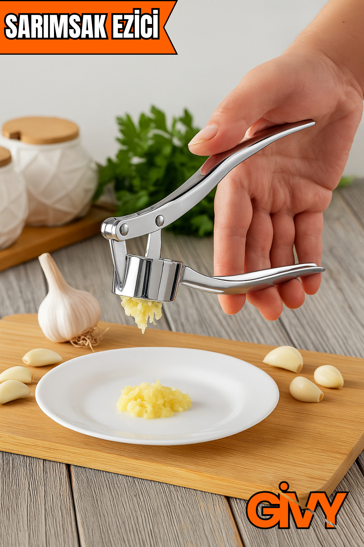 GİVY Baysa %100 Paslanmaz Çelik Sarımsak Ezici | Dayanıklı Sarımsak Ezeceği Aparat | Pratik Mutfak Aleti