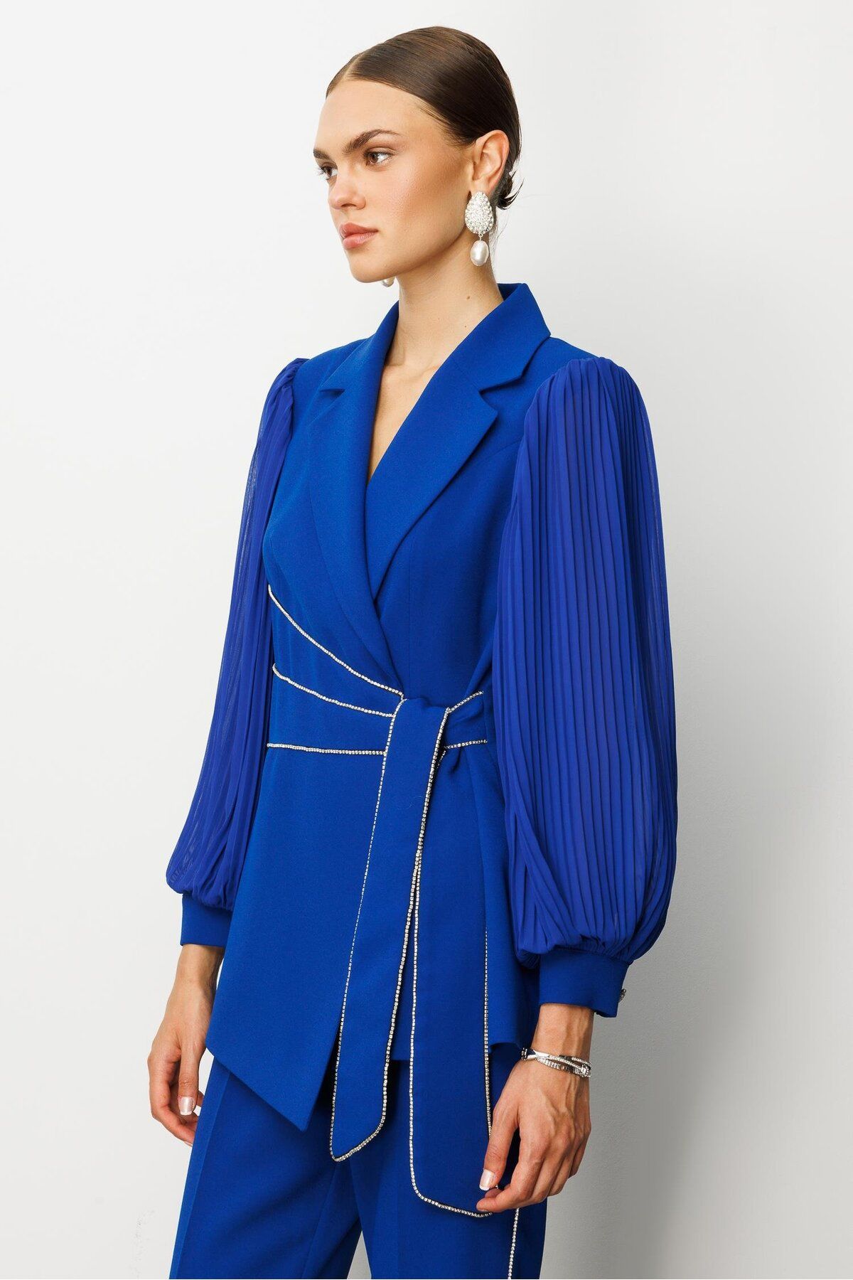 Moda İlgi-Modailgi Sleeves Pleated Stripe Accessory Jacket Saks 3