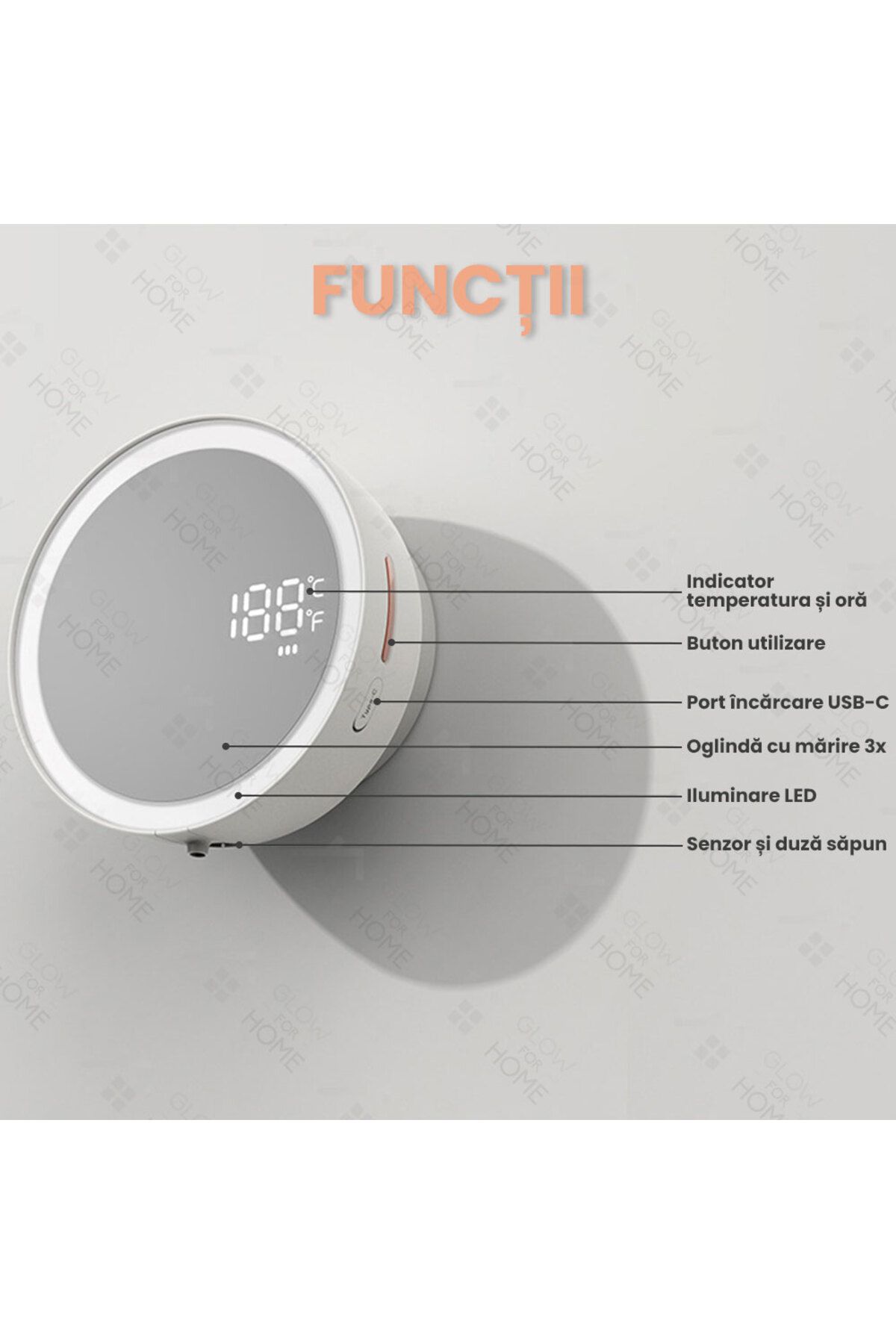 GlowforHome-Dispenser sapun lichid spuma automat GlowforHome, LED oglinda, senzor miscare, 3 dozari, USB-C, alb 6