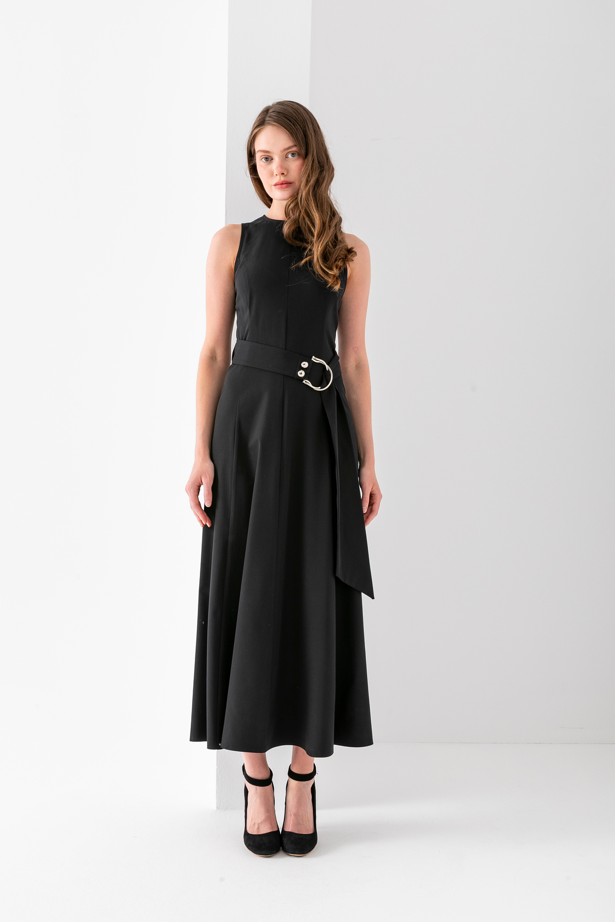 Sleeveless Long Belted Dress Polyviscose