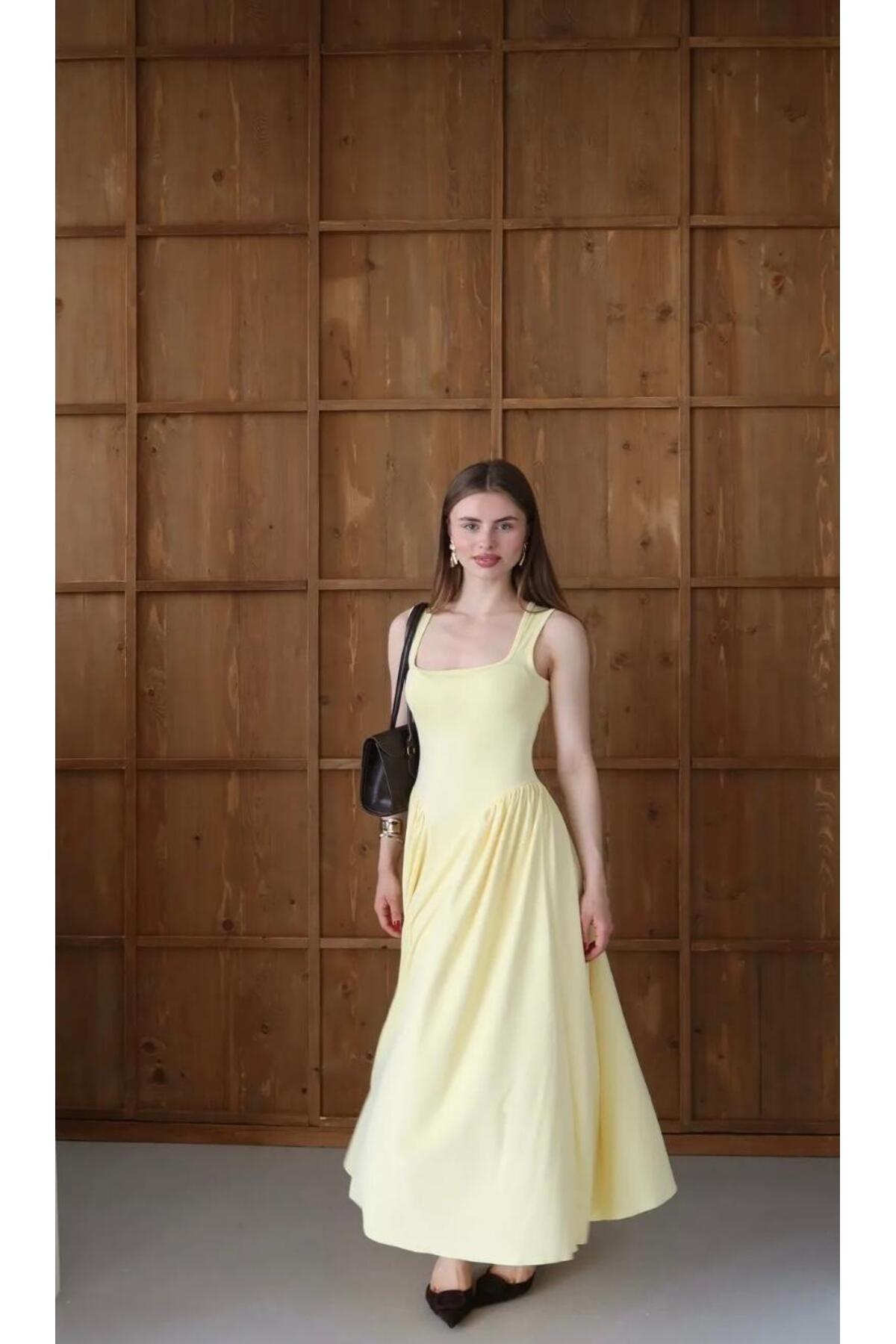 MEGOMEL  Kadın Kare Yaka Kalın Askılı Şık Tasarım Elbise - Görsel 3