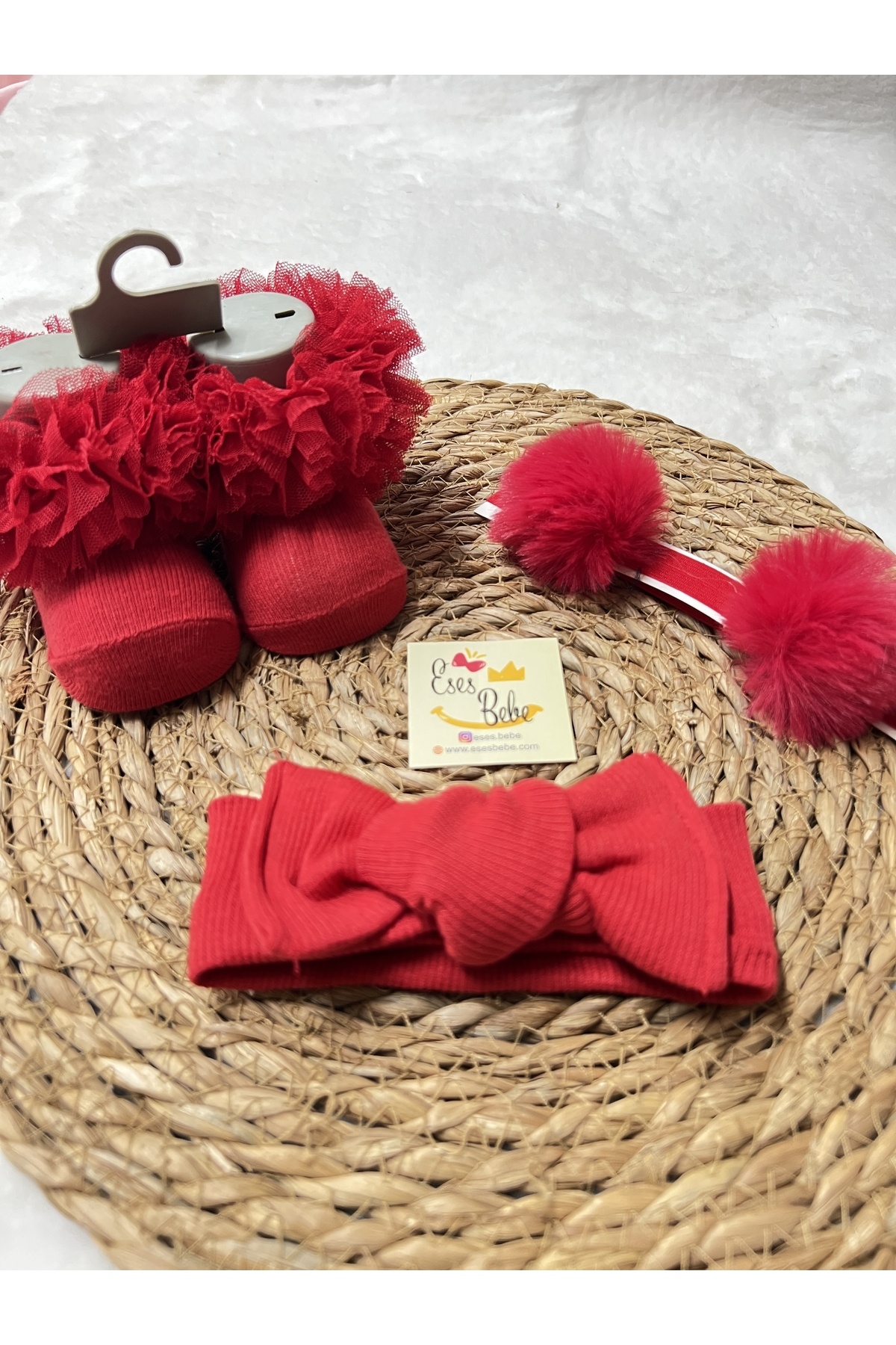 ESES BEBE kokoş çorap ribana bandana ve ponponlu bandana seti fotoğrafı 2 (önizleme)