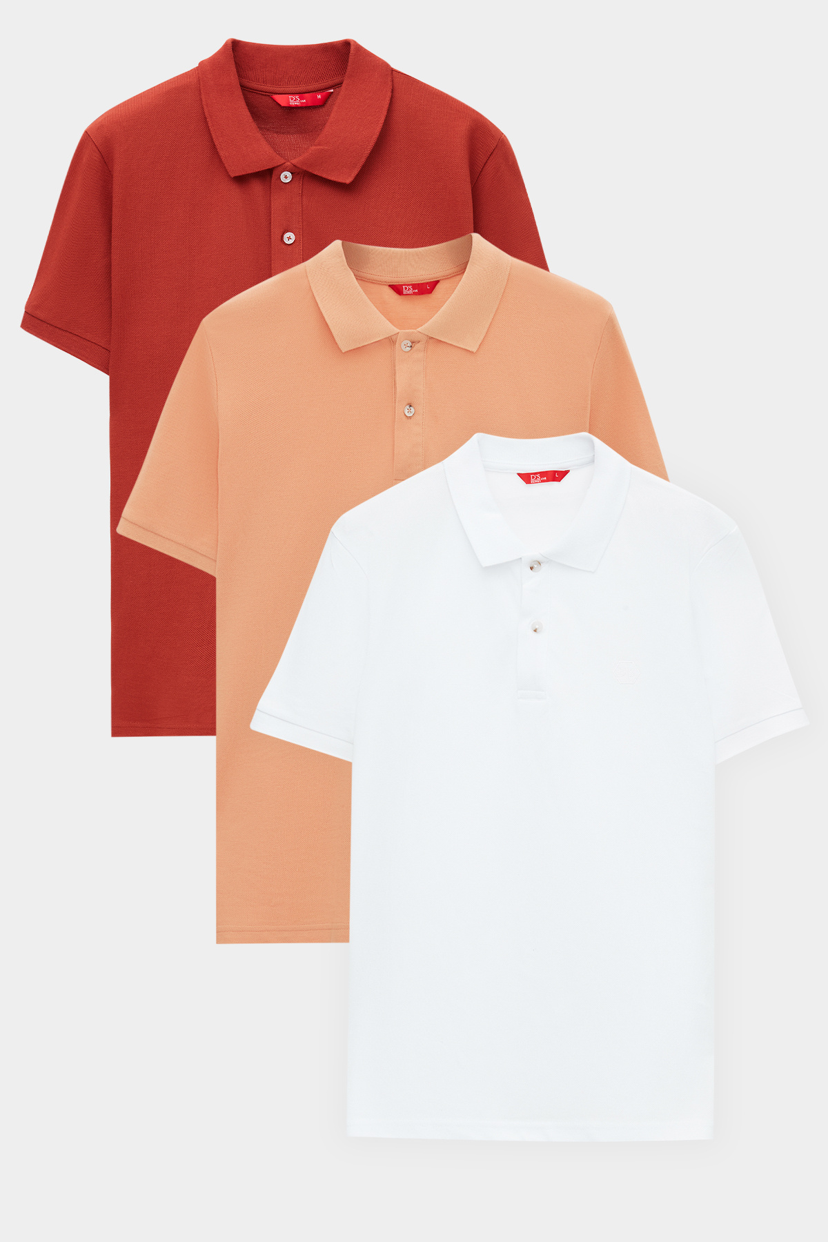 دی اس دامات تی‌شرت یقه‌دار ۱۰۰٪ پنبه‌ای طرح کاشی/زردآلویی/سفید طرح پیکه، سایز معمولی دی‌اس دامات