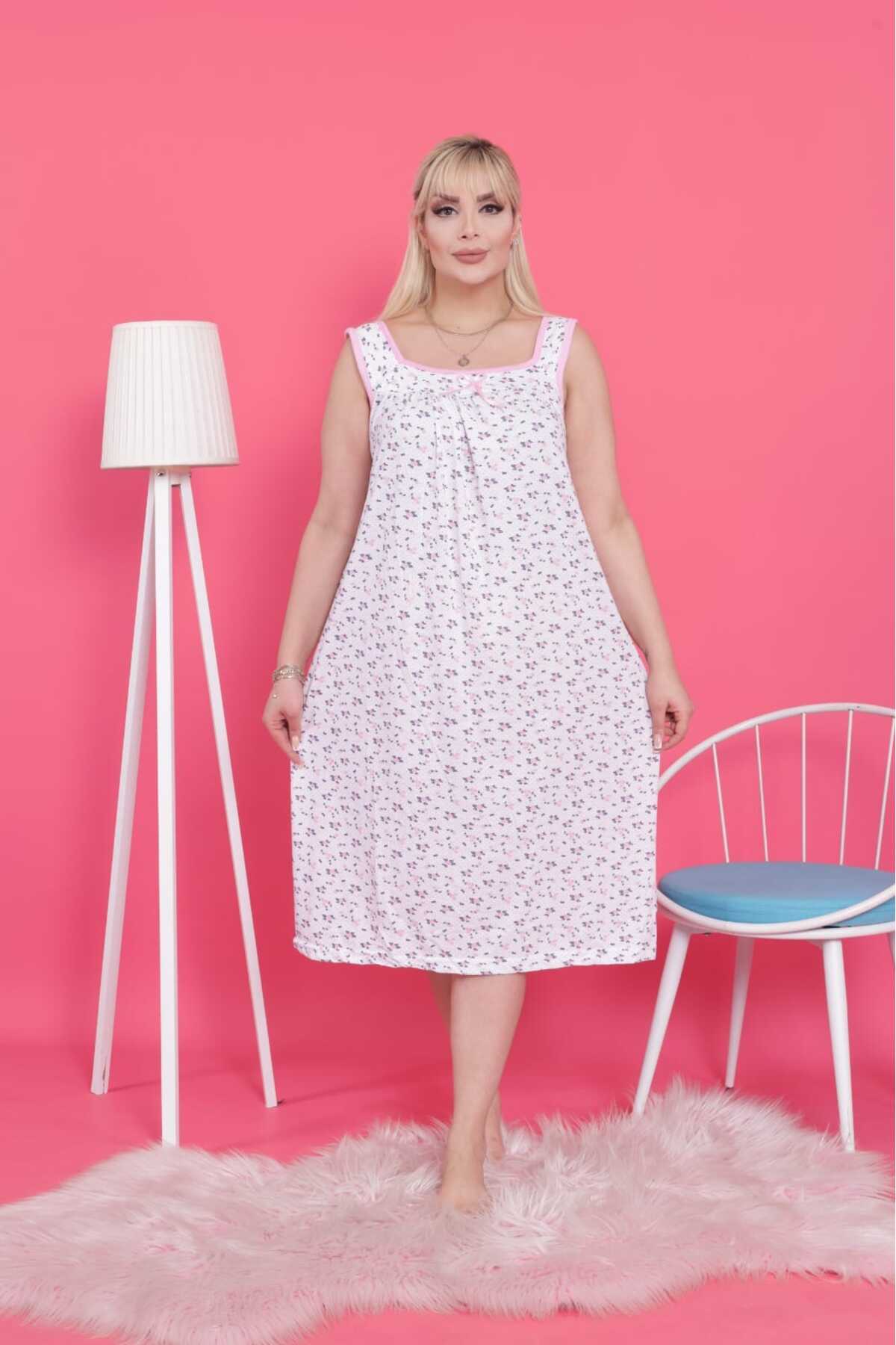 ZBTEKS Yazlık %100 Pamuklu Bol Kesim Kalın Askılı Pembe Gecelik