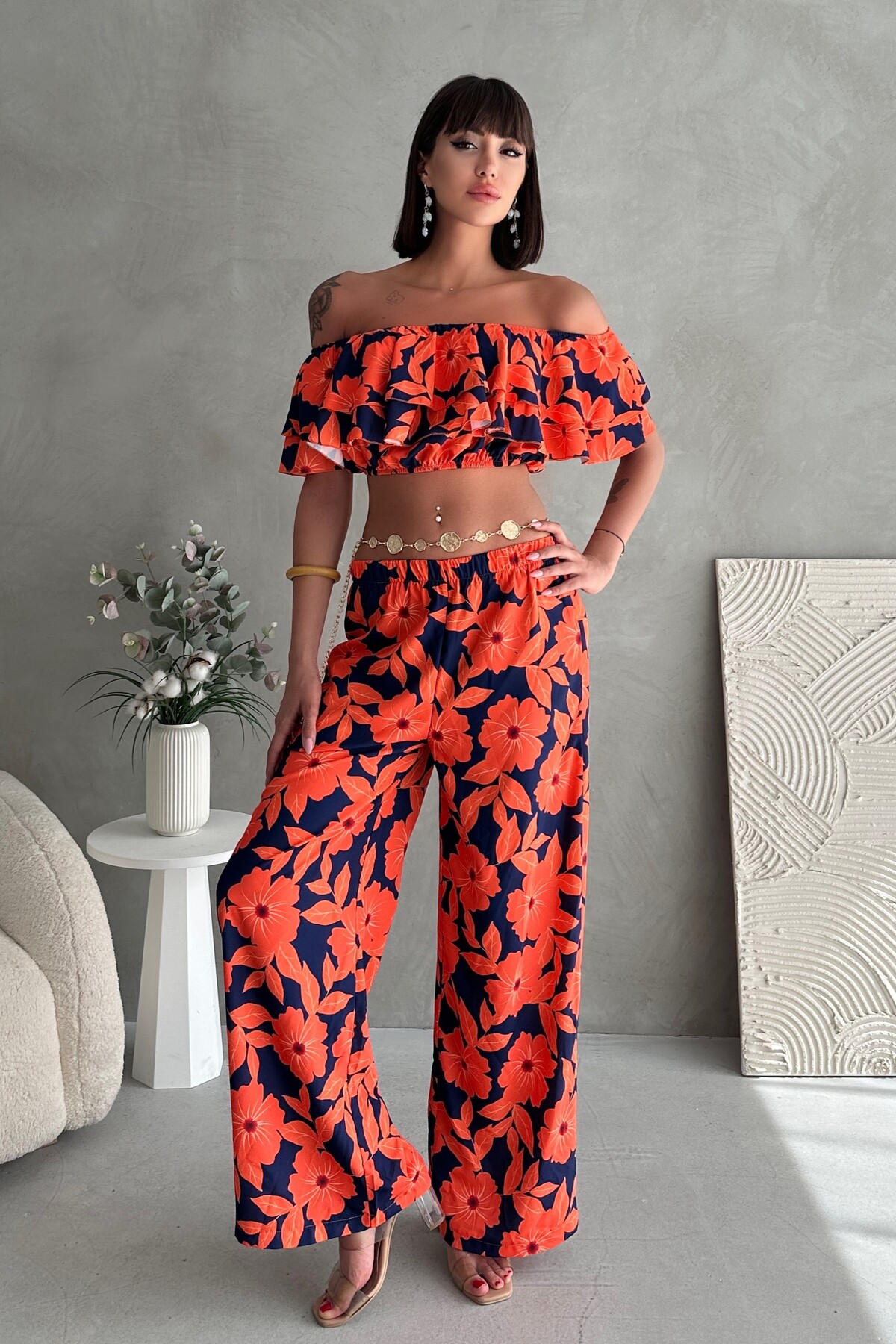 Orange Flower Patterned Madonna Frilly Collar Crop and Wide Leg Summer Set with Elastic Waist