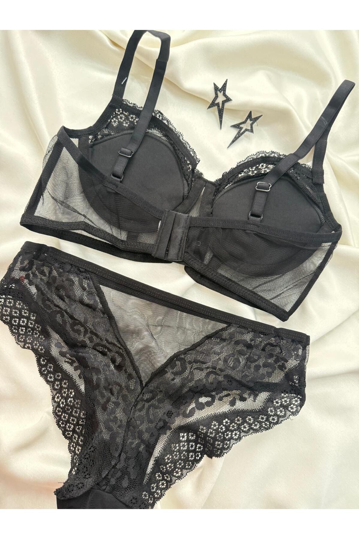 İNKO İÇ GİYİM-Tulle Leopard Patterned Padded Bralet Panty Set 7