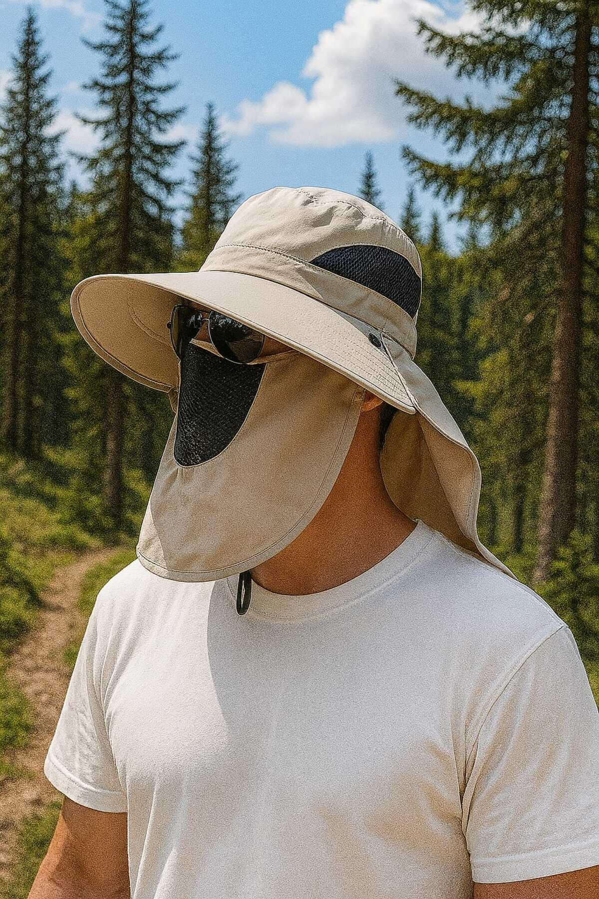 Genel Markalar Güneş Koruyuculu Nefes Alabilen Maskeli Ve Boyun Kapaklı Geniş Kenarlı Balıkçı Şapkası