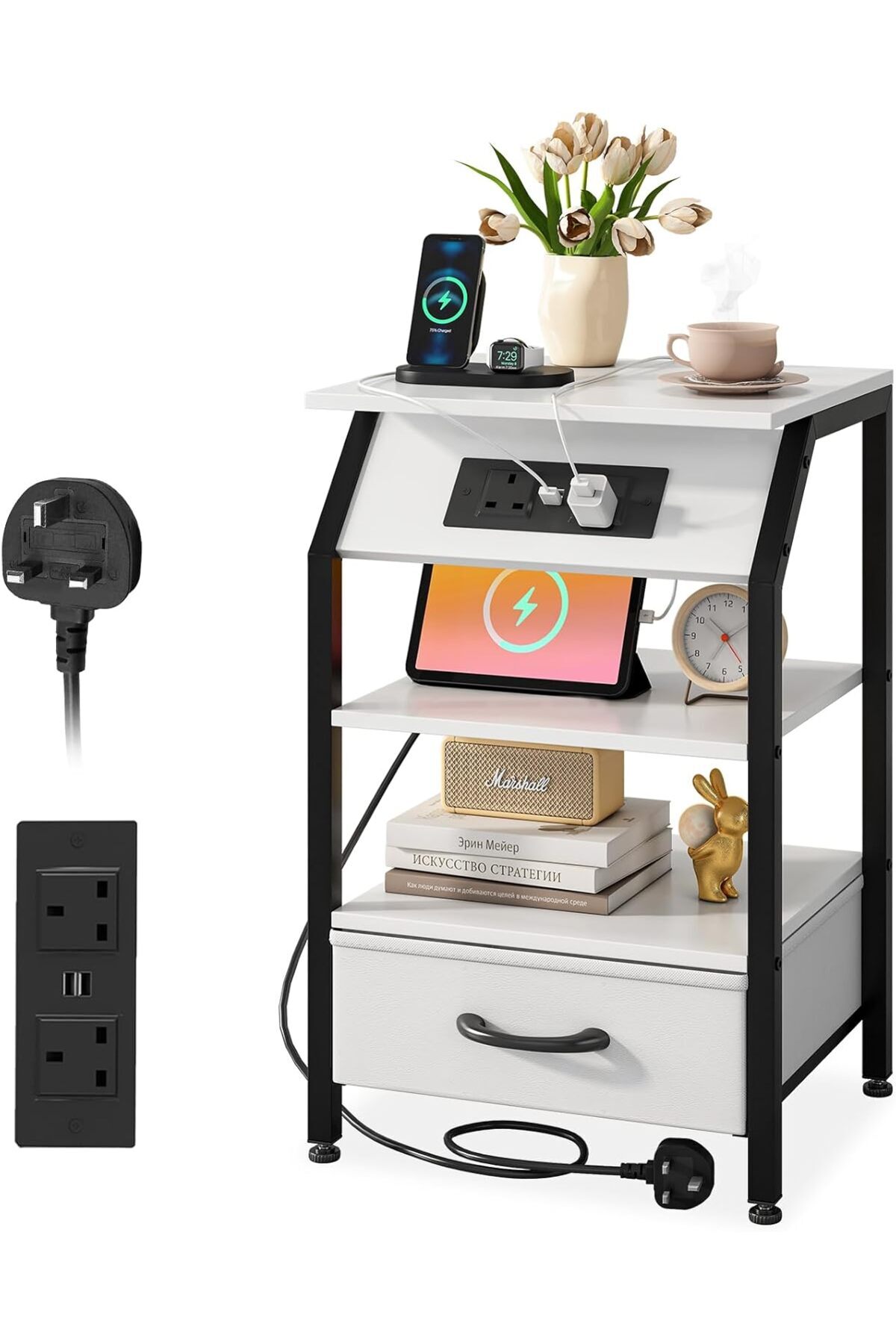 Sheinhome-Nightstand with Charging Station, Bedside Table with Fabric Drawer, Side Table with Power Outlets 1