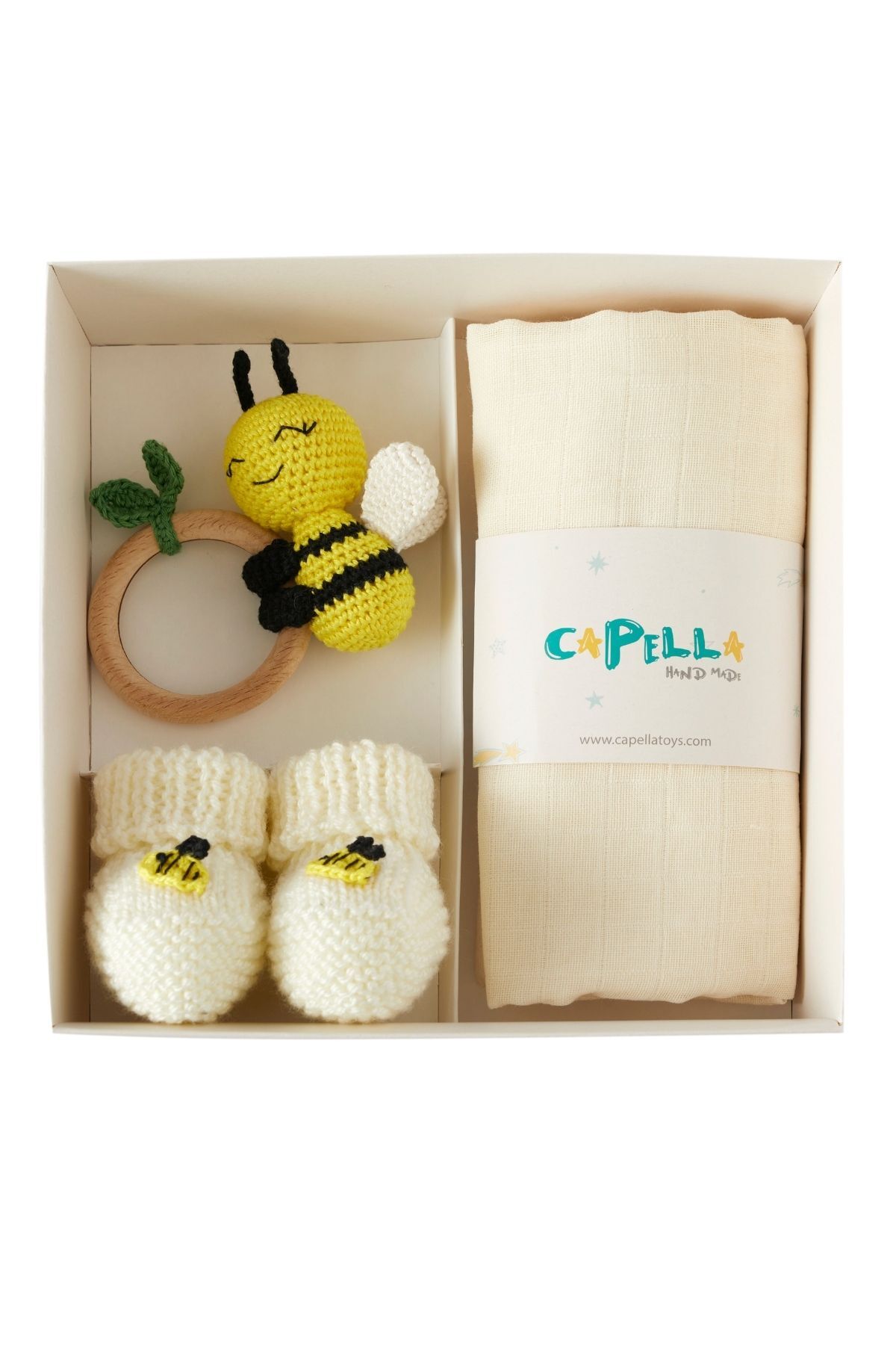 Amigurumi Yenidoğan Bebek Hediye Seti - Sevimli Arı Diş Kaşıyıcı, Patik ve Müslin