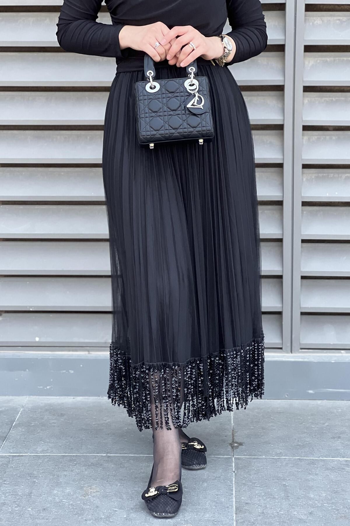Mahal-Pleated Tulle Skirt with Sequin Chain at the Hem 3