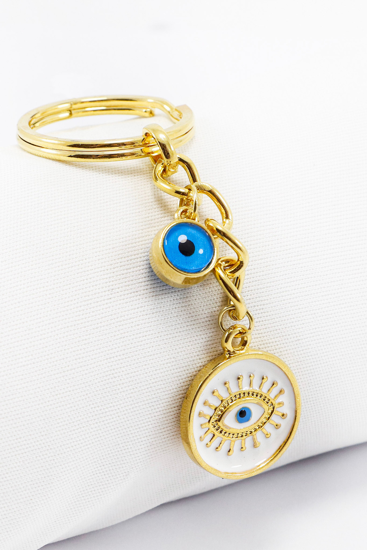 Gold Plated Framed Evil Eye Beaded Evil Eye Bunch Keychain, Gift Bag Ornament