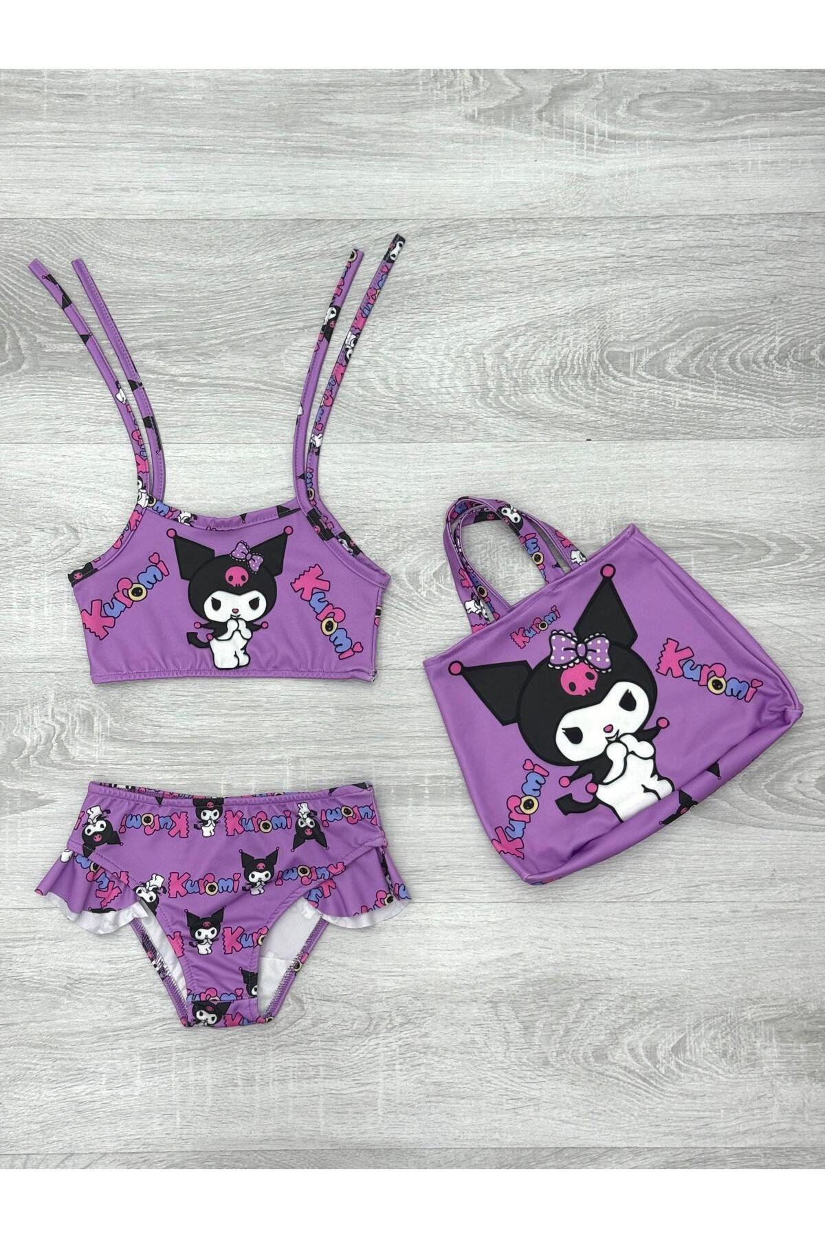 Üç Parça Çantalı Kız Çocuk Fırfırlı Bikini Takım