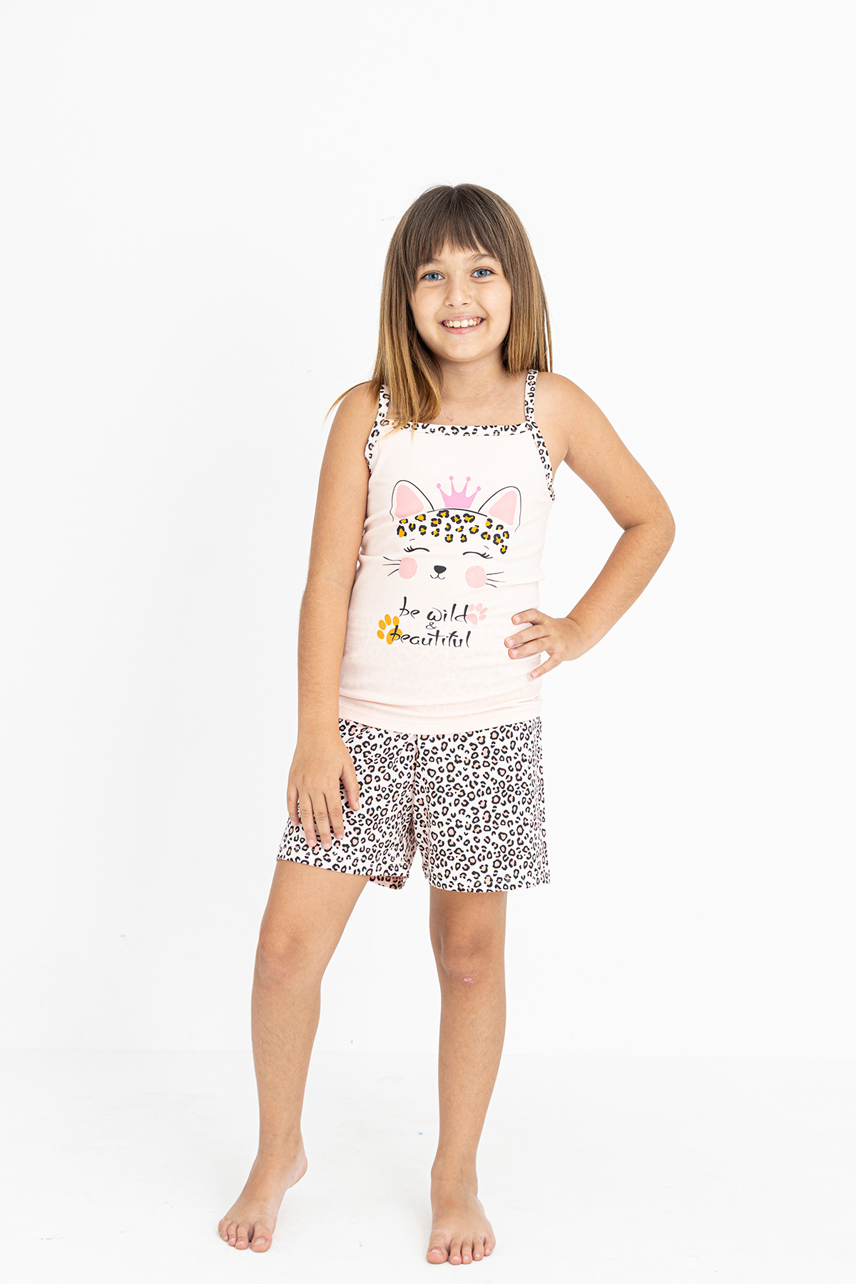 GIRL COTTON LEOPARD PRINT ROPE STRAP PAJAMAS SET WITH SHORTS