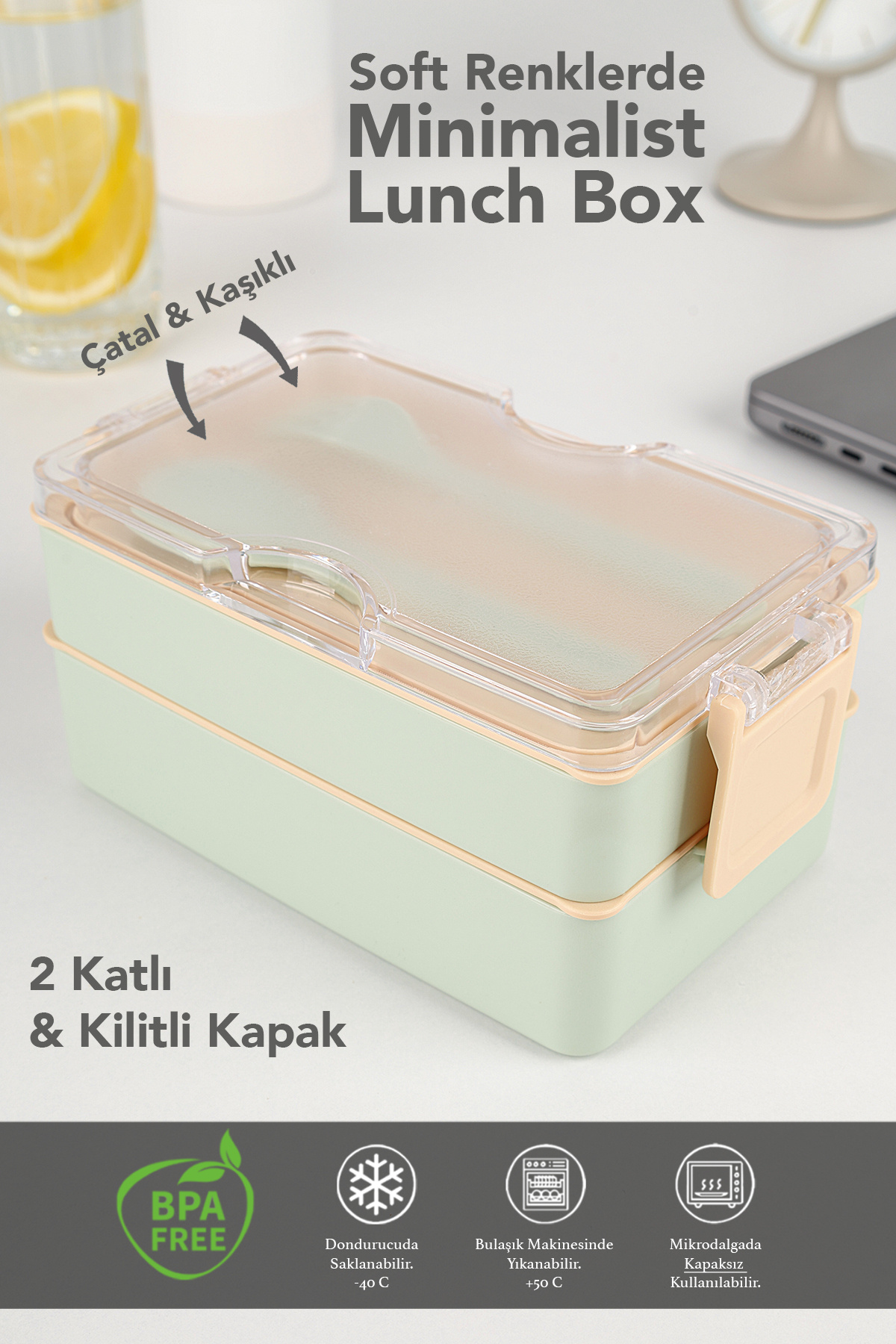 Meleni Home-2 Layer Ziplock Lunch Box - Lunch Box with Self-Fork Spoon Lunch Box Storage Container Green 2