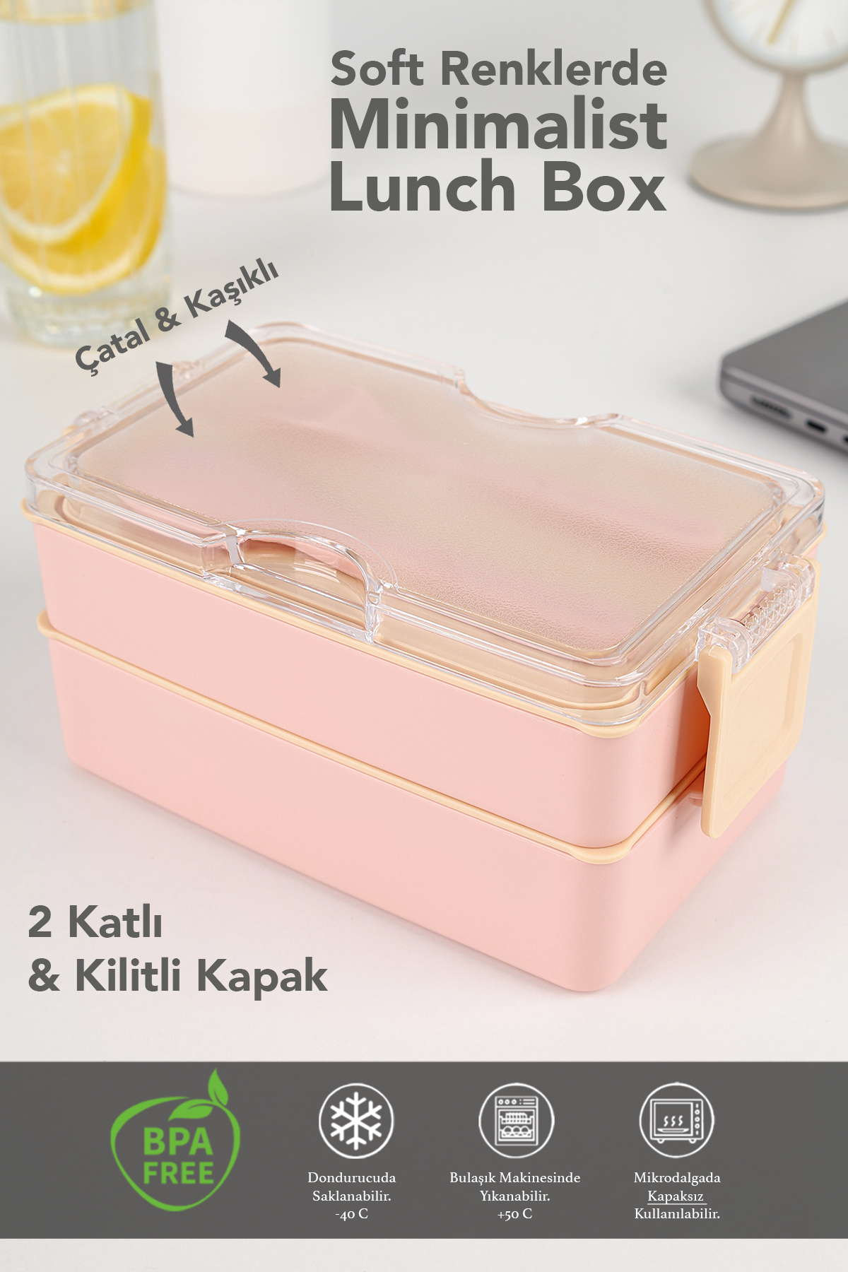 Meleni Home-2 Layer Ziplock Lunch Box - Lunch Box with Self-Fork Spoon Lunch Box Storage Container Pink 2