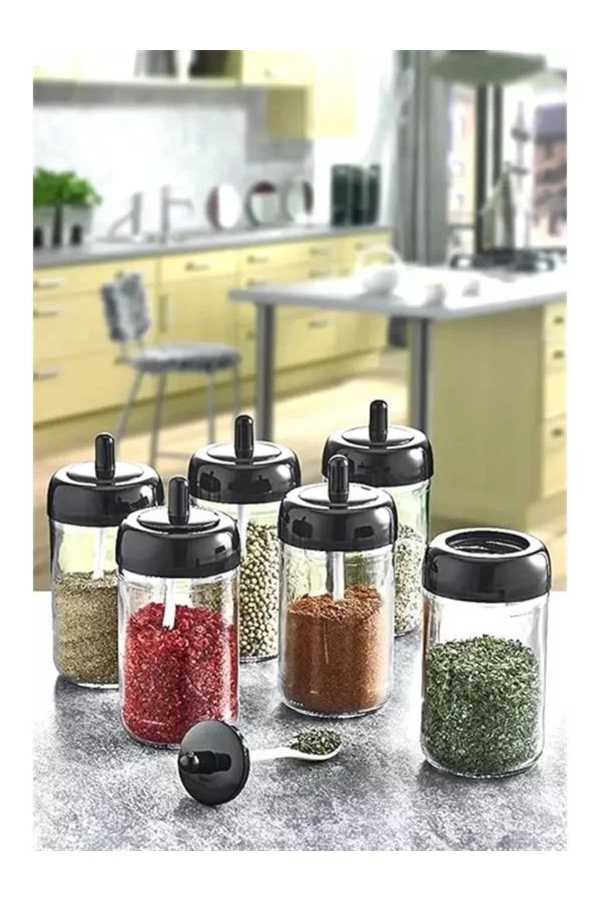 STOREMAX-6 Piece Spice Jar Set with Lid and Spoon 300 ml Glass Spice Set 3