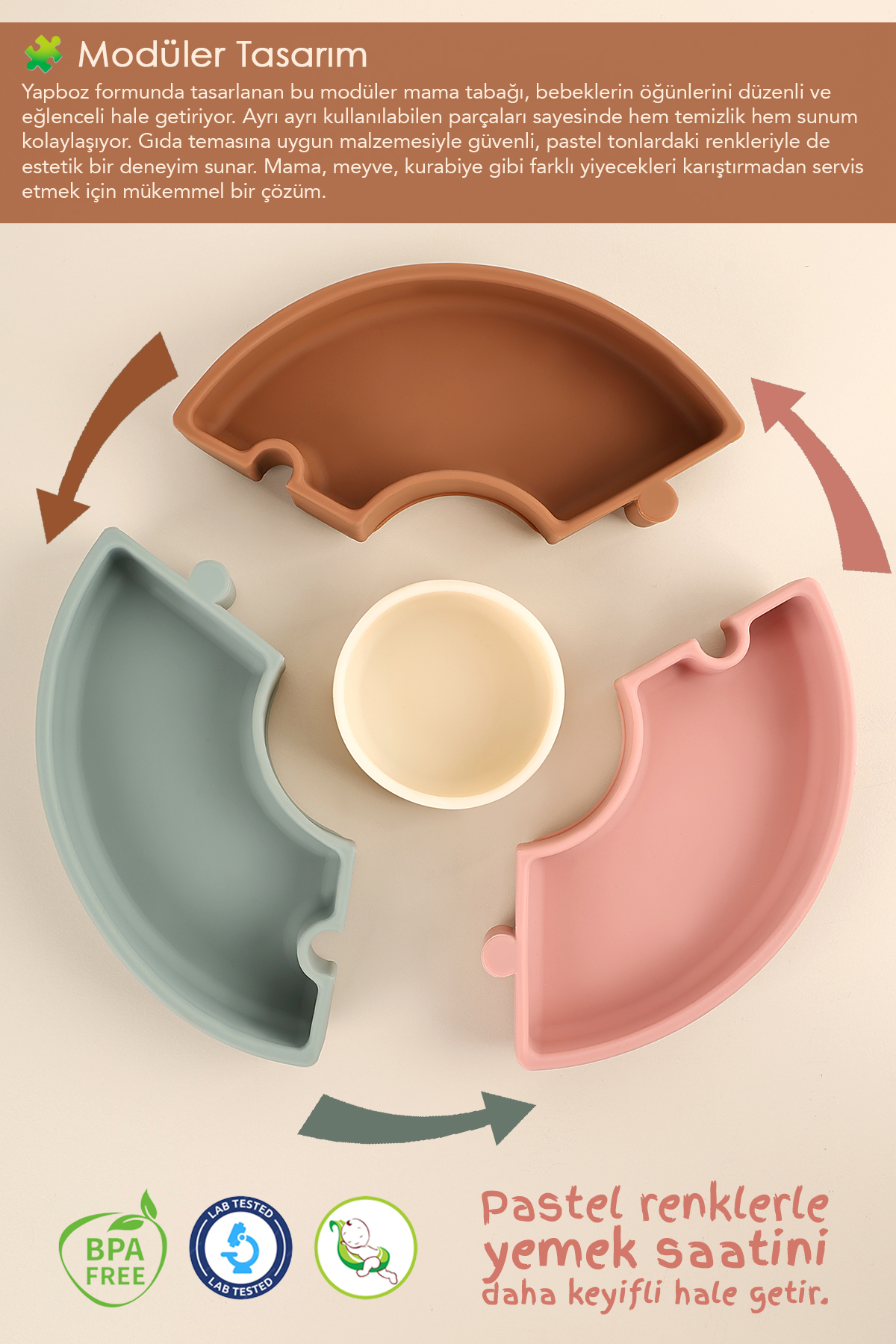 Meleni Baby Vakumlu Silikon Puzzle Mama Tabağı - Vakum Tabanlı 4 Bölmeli Bebek Yapboz Mama Tabağı 4 Renk fotoğrafı 3 (önizleme)