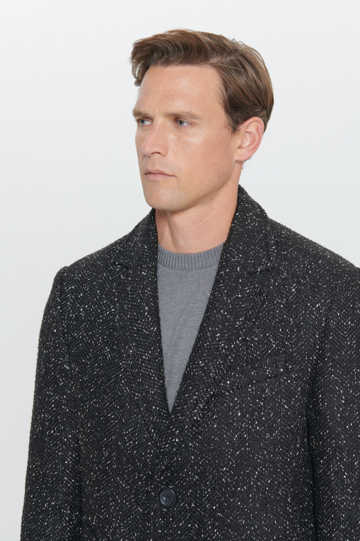 AC&Co / Altınyıldız Classics  Erkek Siyah Standart Fit Normal Kesim Mono Yaka Desenli Yünlü Palto - Görsel 4