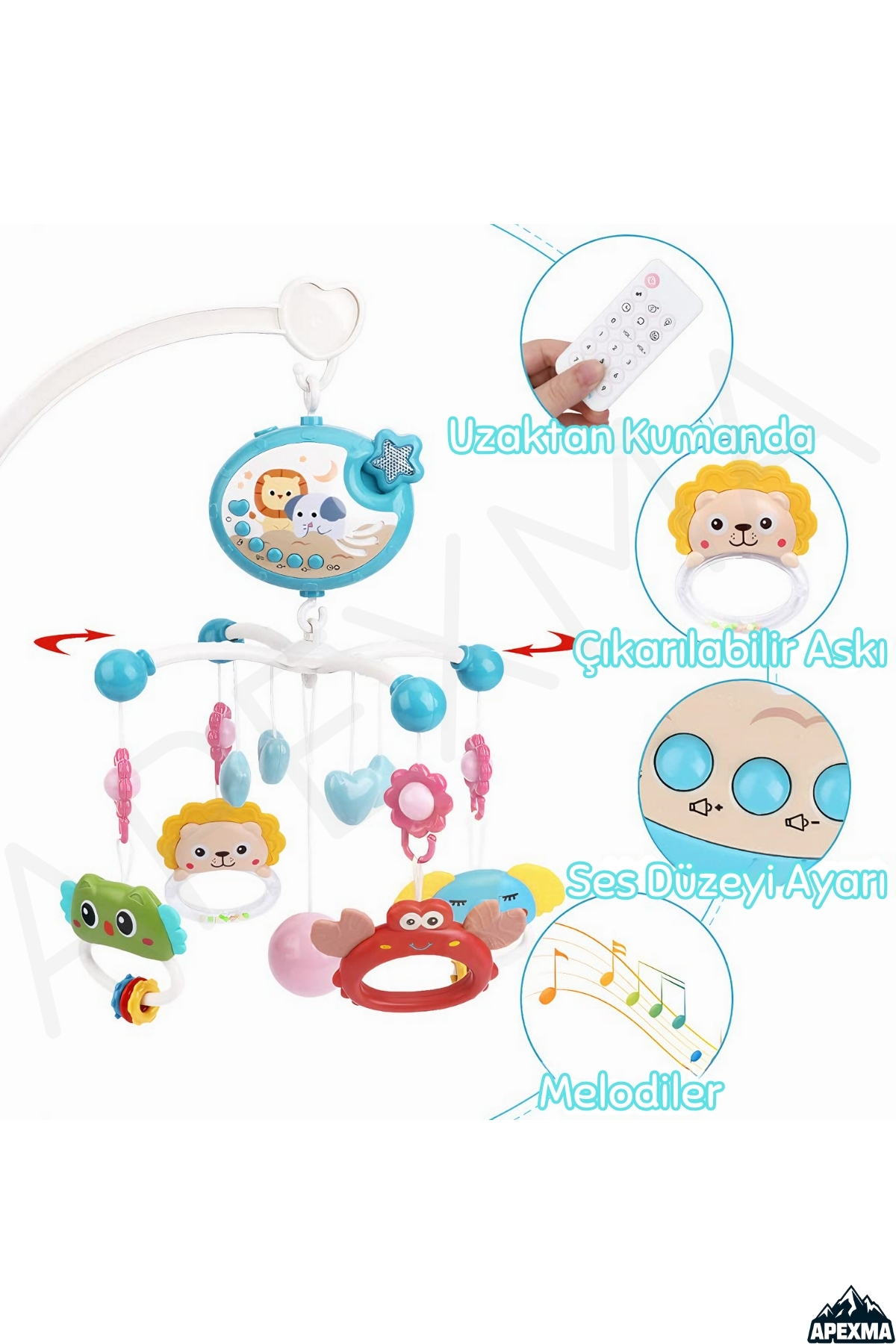 Apexma Pilli Işıklı Müzikli Kumandalı Projektörlü Sabitlemeli Çıngıraklı Dişlikli Dönence - Uyku Arkadaşı fotoğrafı 4 (önizleme)