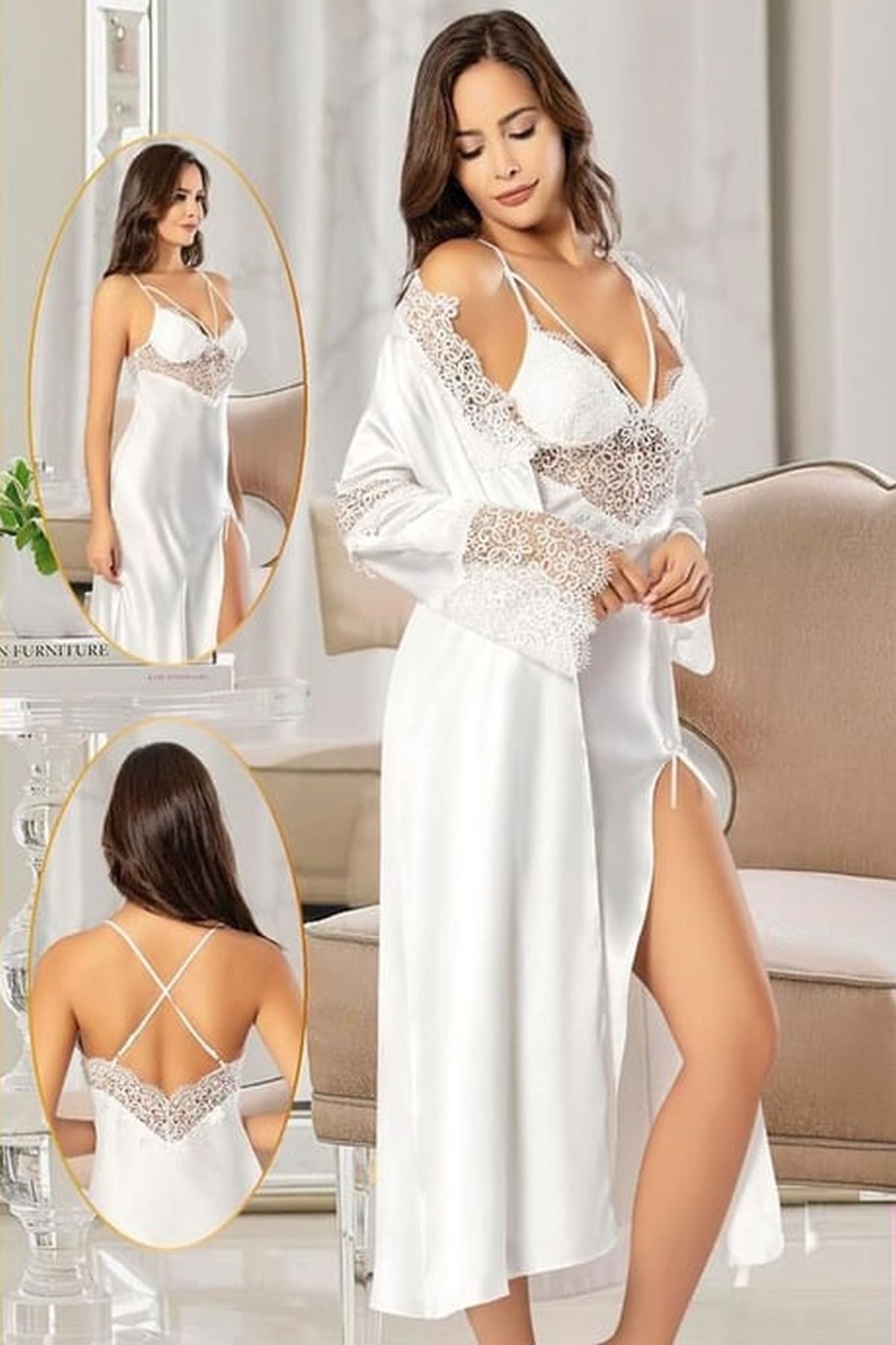 Xses 2104 Kadın Ekru Saten Sabahlıklı Gecelik Takım