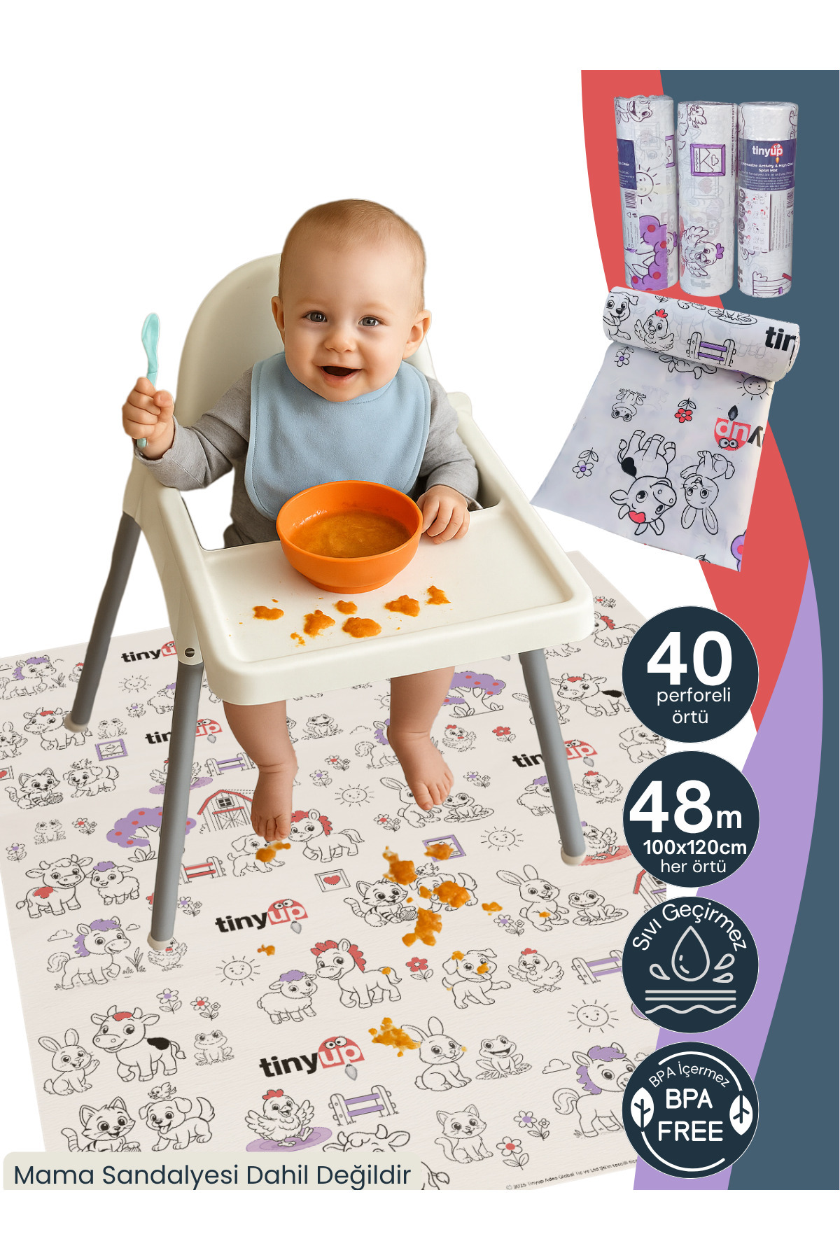 Tinyup 100x120 cm Tek Kullanımlık Mama Sandalyesi Altı & Aktivite Örtüsü – 40 adet Sıçrama Koruyucu Matı